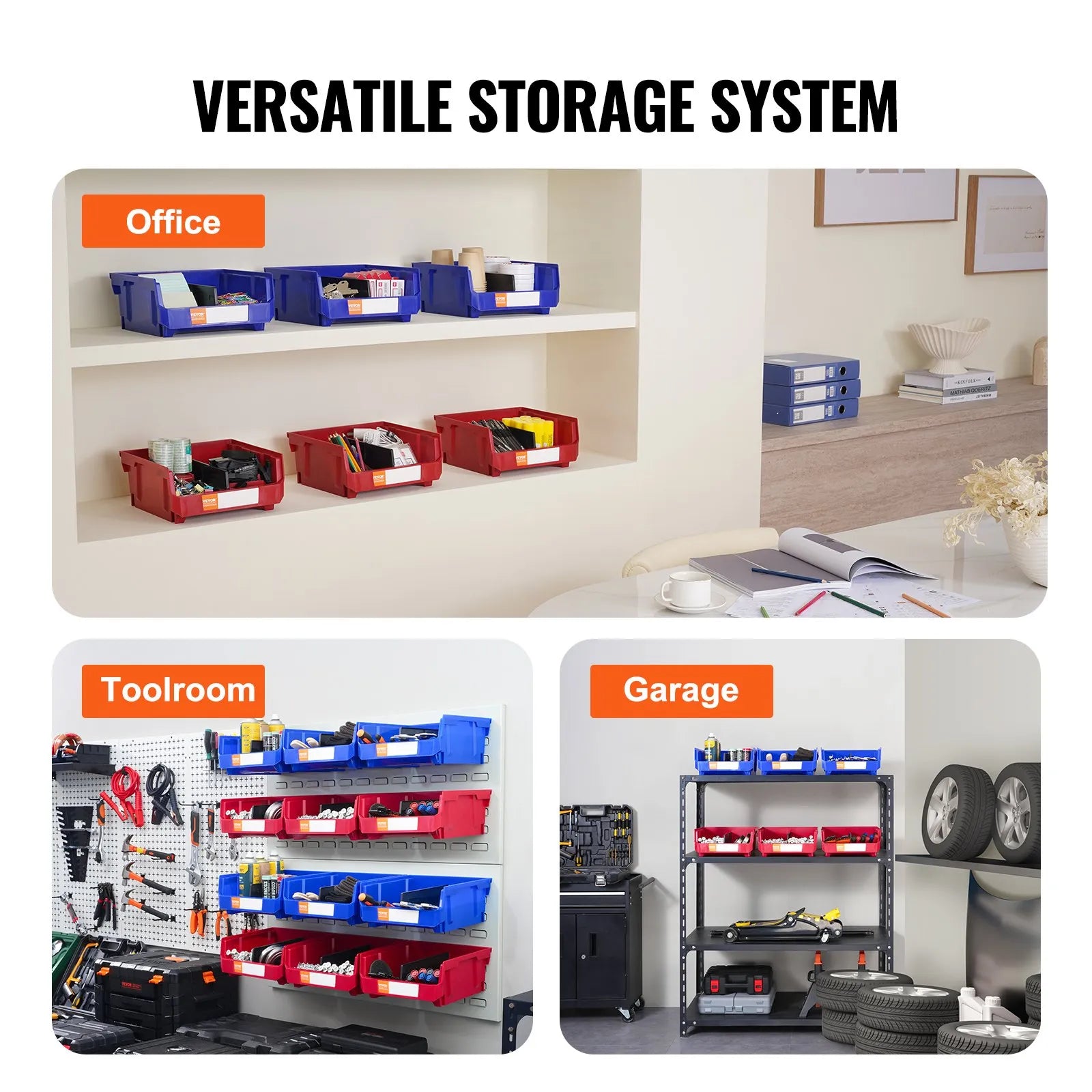 VEVOR plastmasas uzglabāšanas kastes 279 x 279 x 127 mm, piekarināmas un sakraujamas organizēšanas kastes skapim, virtuvei, birojam vai pieliekamajam, 6 gab., zila/sarkana