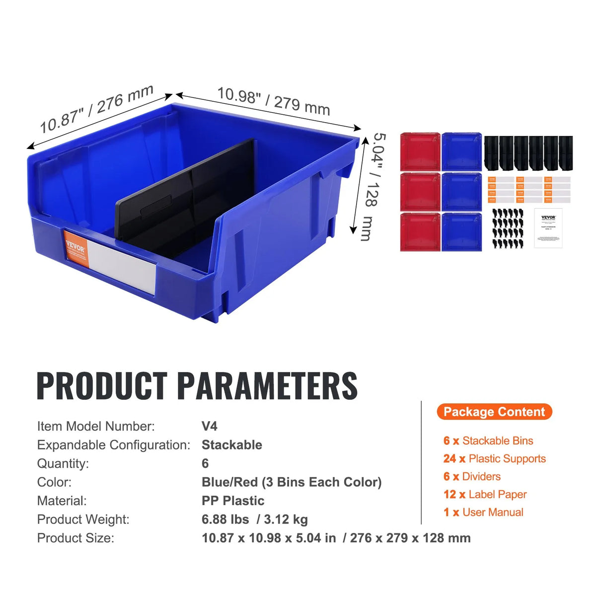 VEVOR plastmasas uzglabāšanas kastes 279 x 279 x 127 mm, piekarināmas un sakraujamas organizēšanas kastes skapim, virtuvei, birojam vai pieliekamajam, 6 gab., zila/sarkana