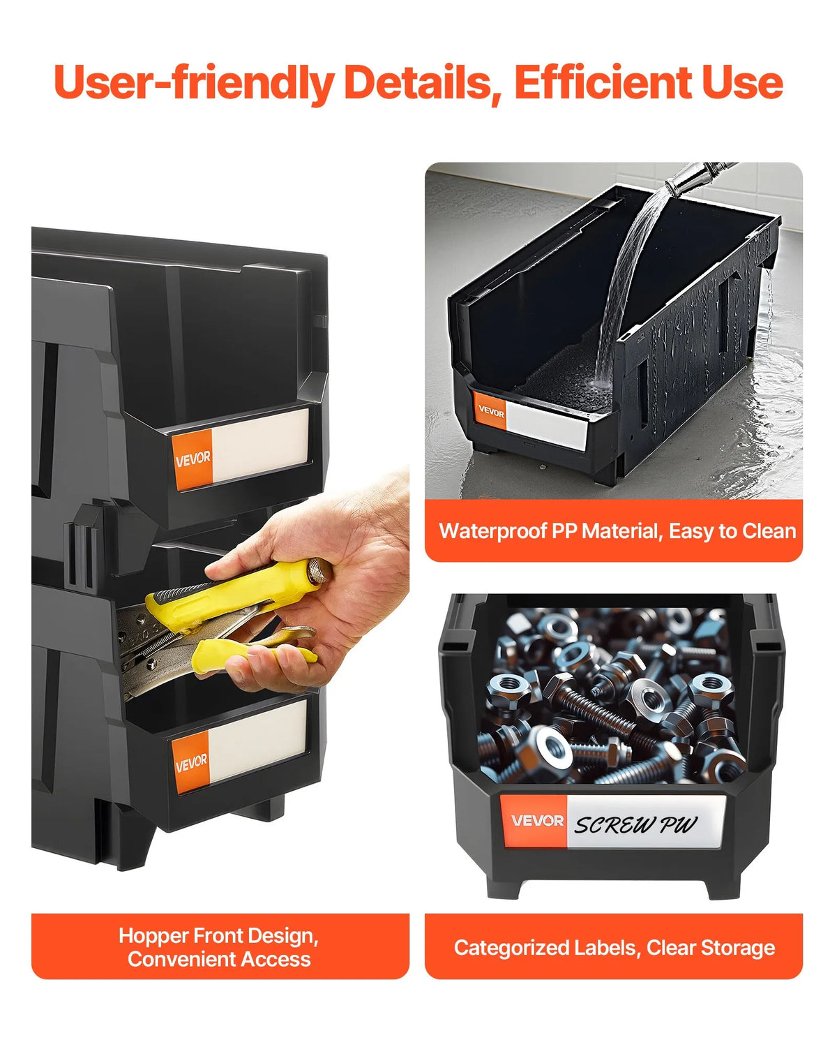 VEVOR sakraujamas plastmasas uzglabāšanas kastes 377 x 215 x 180 mm, konteineri skapim, garāžai, sīkām detaļām, biroja piederumiem un citiem aksesuāriem, 6 gab., melnas