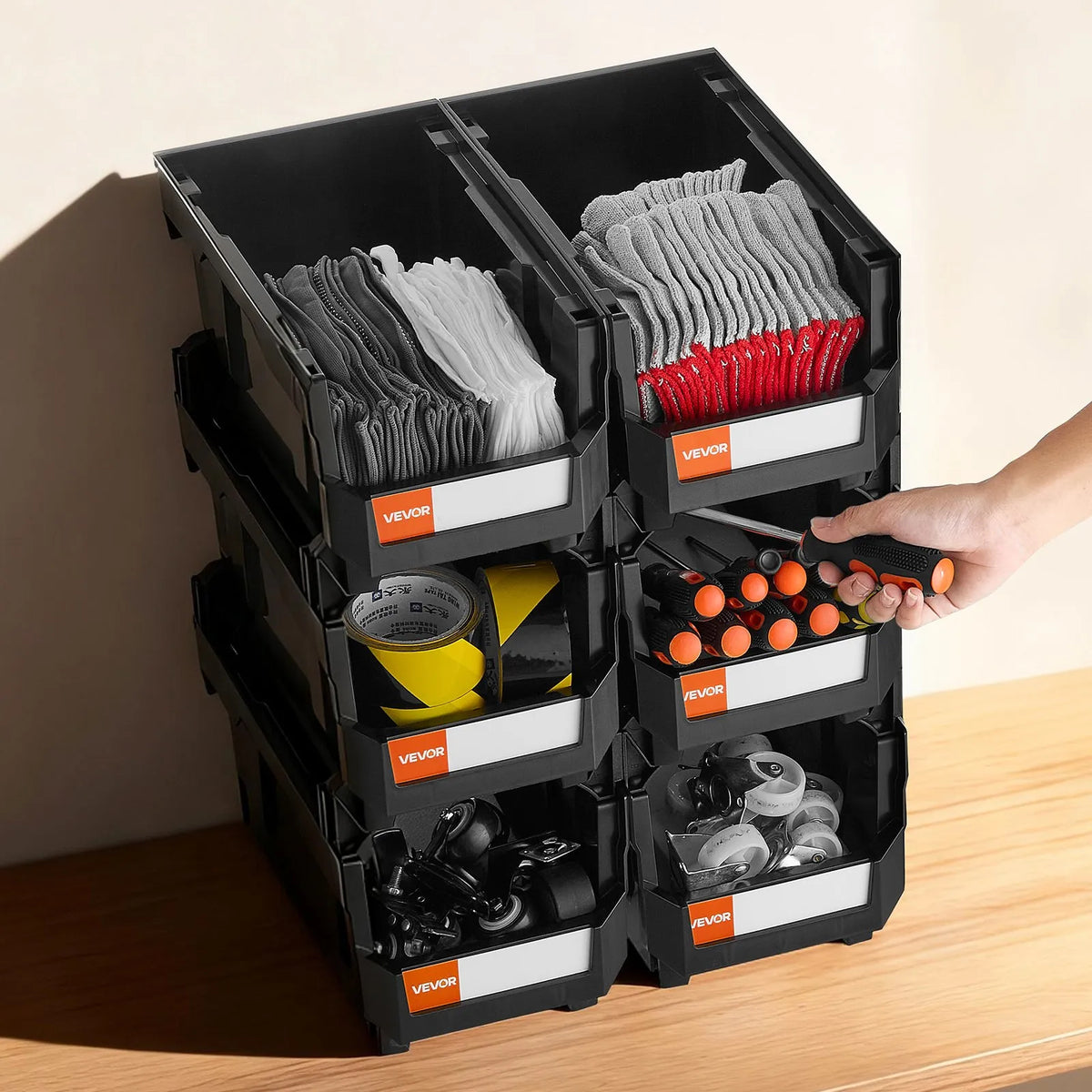 VEVOR sakraujamas plastmasas uzglabāšanas kastes 377 x 215 x 180 mm, konteineri skapim, garāžai, sīkām detaļām, biroja piederumiem un citiem aksesuāriem, 6 gab., melnas