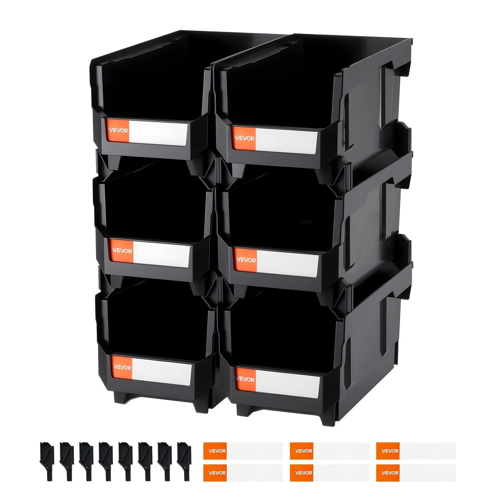 VEVOR sakraujamas plastmasas uzglabāšanas kastes 377 x 215 x 180 mm, konteineri skapim, garāžai, sīkām detaļām, biroja piederumiem un citiem aksesuāriem, 6 gab., melnas
