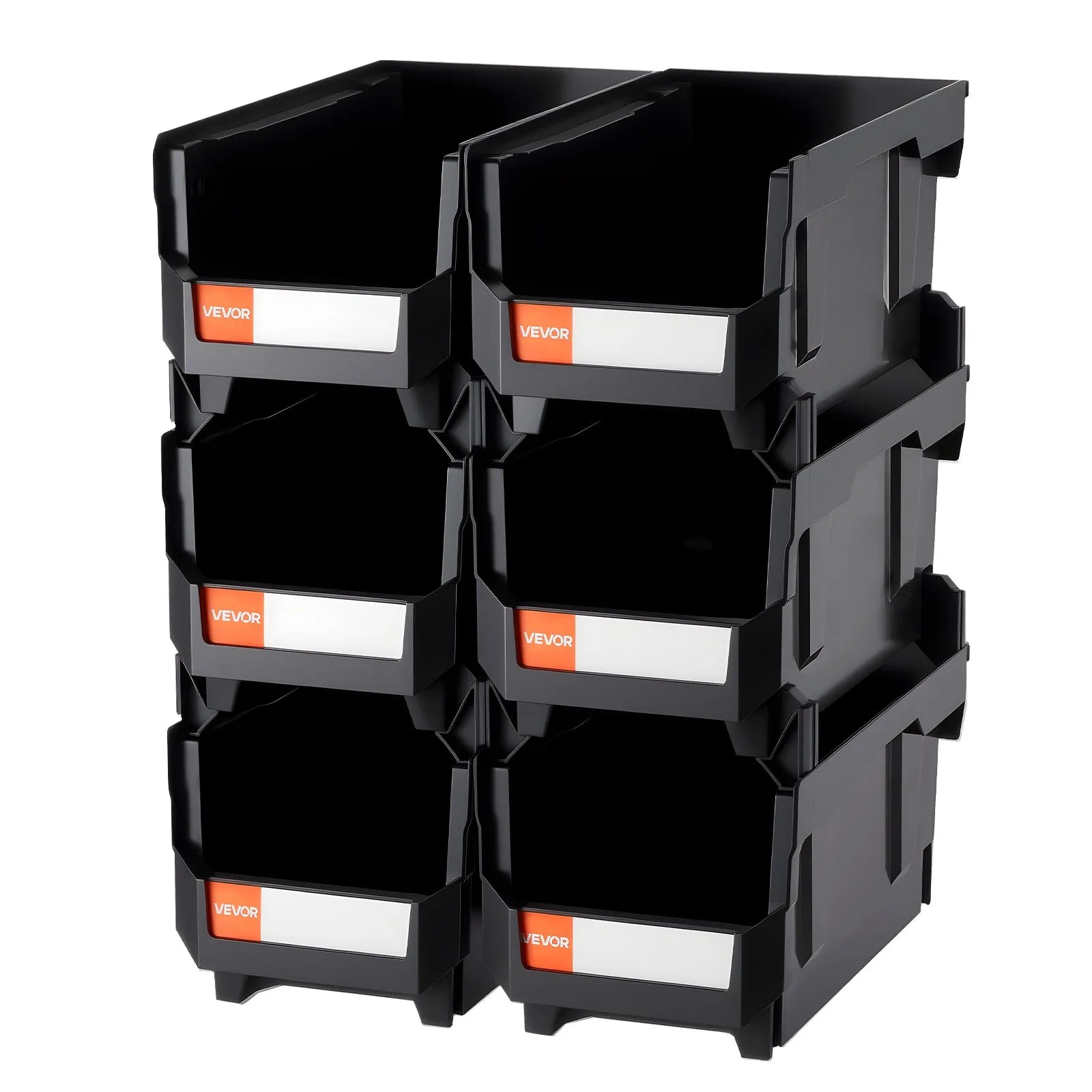 VEVOR sakraujamas plastmasas uzglabāšanas kastes 377 x 215 x 180 mm, konteineri skapim, garāžai, sīkām detaļām, biroja piederumiem un citiem aksesuāriem, 6 gab., melnas