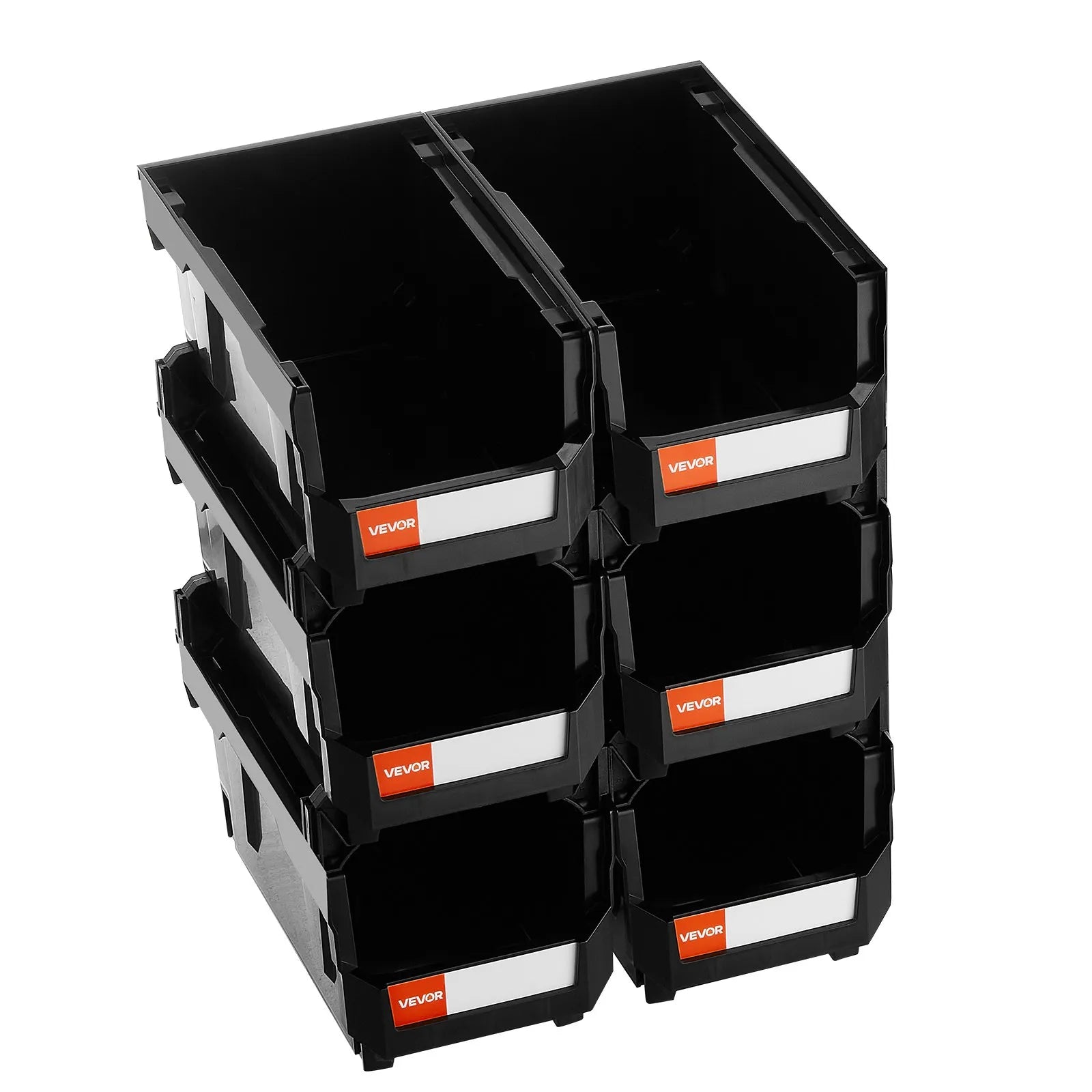 VEVOR sakraujamas plastmasas uzglabāšanas kastes 377 x 215 x 180 mm, konteineri skapim, garāžai, sīkām detaļām, biroja piederumiem un citiem aksesuāriem, 6 gab., melnas