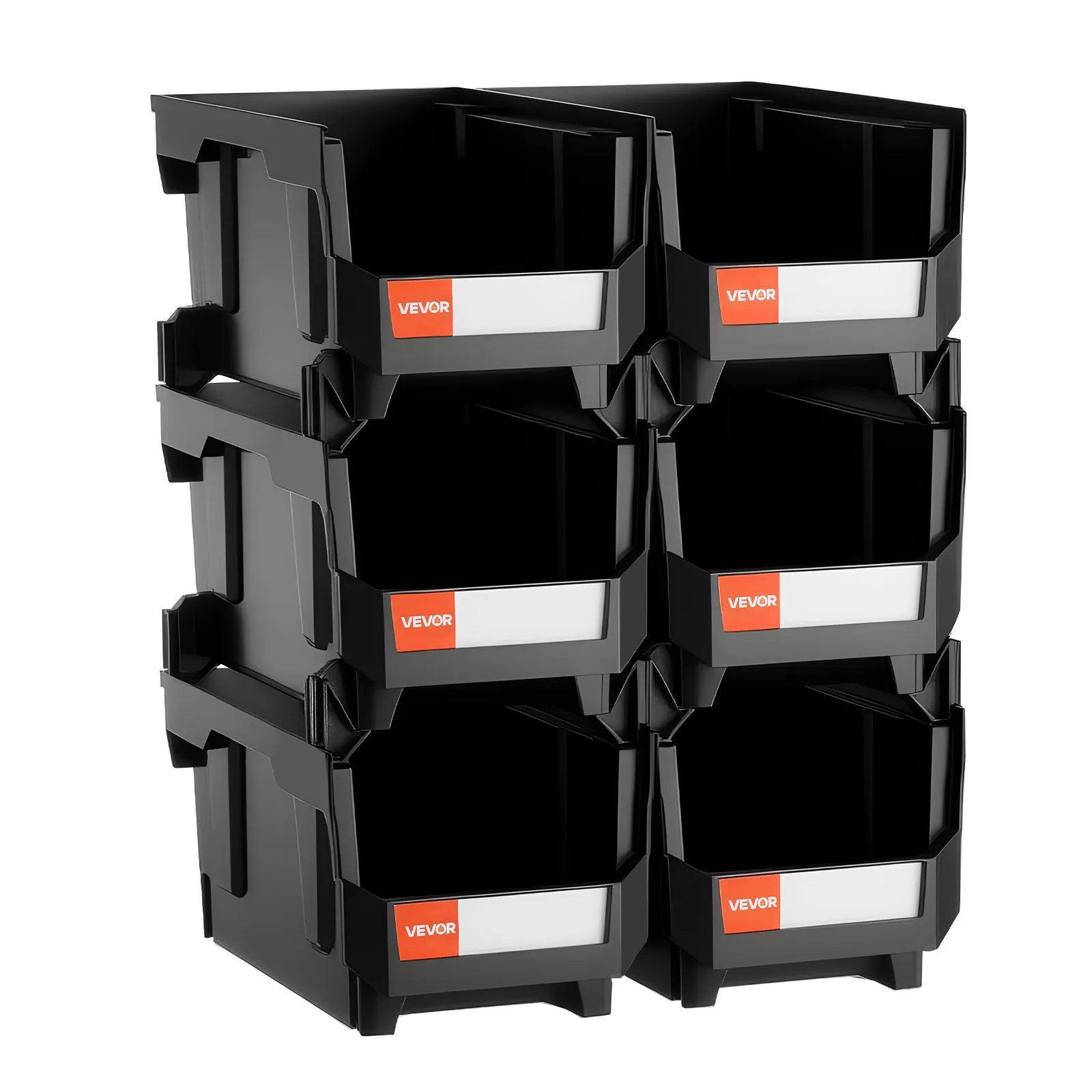 VEVOR sakraujamas plastmasas uzglabāšanas kastes 377 x 215 x 180 mm, konteineri skapim, garāžai, sīkām detaļām, biroja piederumiem un citiem aksesuāriem, 6 gab., melnas