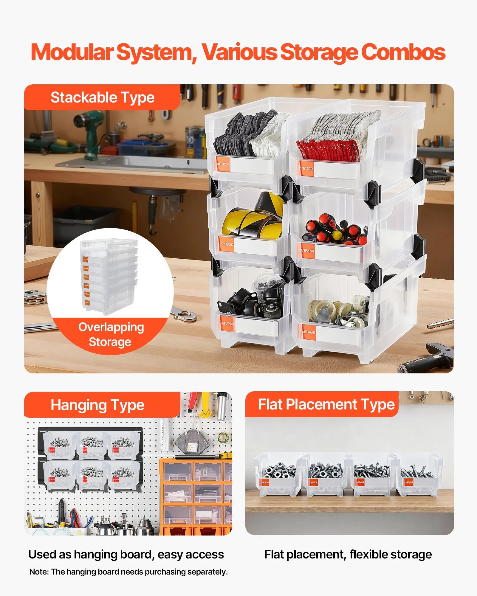 VEVOR sakraujamas plastmasas uzglabāšanas kastes 377 x 215 x 180 mm, konteineri skapim, garāžai, sīkām detaļām, biroja piederumiem un citiem aksesuāriem, 6 gab., caurspīdīgas