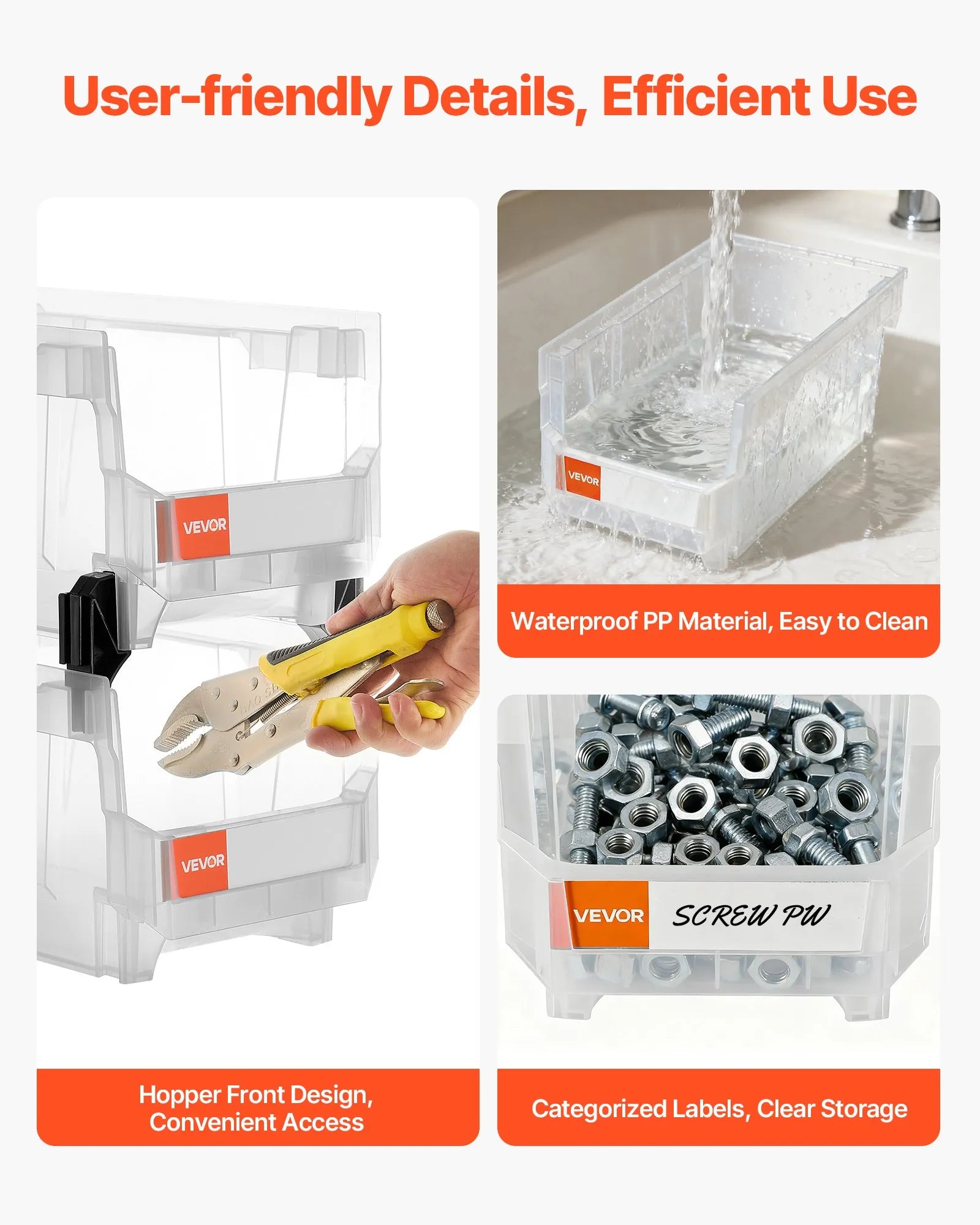 VEVOR sakraujamas plastmasas uzglabāšanas kastes 377 x 215 x 180 mm, konteineri skapim, garāžai, sīkām detaļām, biroja piederumiem un citiem aksesuāriem, 6 gab., caurspīdīgas
