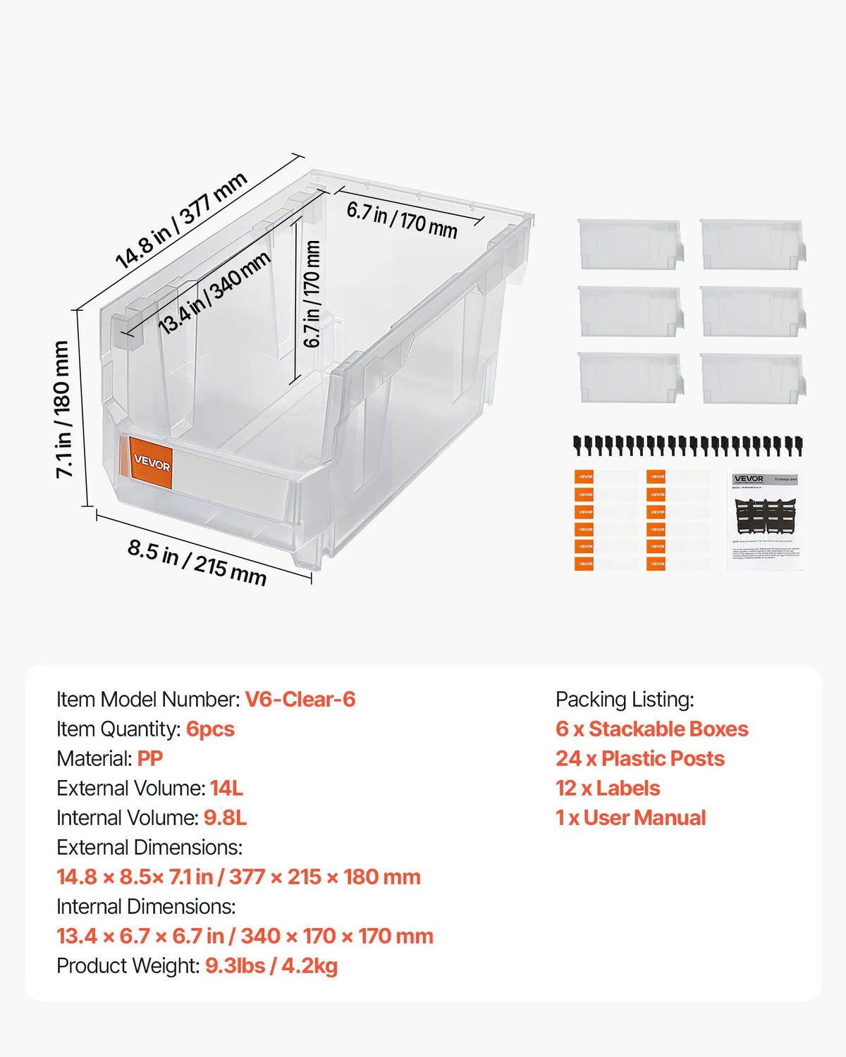 VEVOR sakraujamas plastmasas uzglabāšanas kastes 377 x 215 x 180 mm, konteineri skapim, garāžai, sīkām detaļām, biroja piederumiem un citiem aksesuāriem, 6 gab., caurspīdīgas