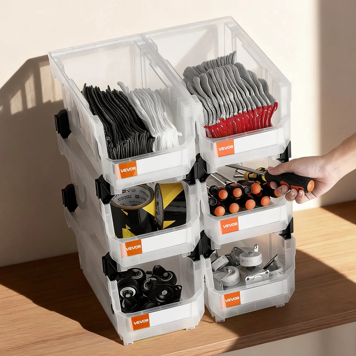 VEVOR sakraujamas plastmasas uzglabāšanas kastes 377 x 215 x 180 mm, konteineri skapim, garāžai, sīkām detaļām, biroja piederumiem un citiem aksesuāriem, 6 gab., caurspīdīgas