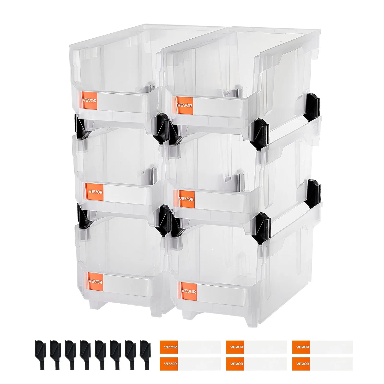 VEVOR sakraujamas plastmasas uzglabāšanas kastes 377 x 215 x 180 mm, konteineri skapim, garāžai, sīkām detaļām, biroja piederumiem un citiem aksesuāriem, 6 gab., caurspīdīgas