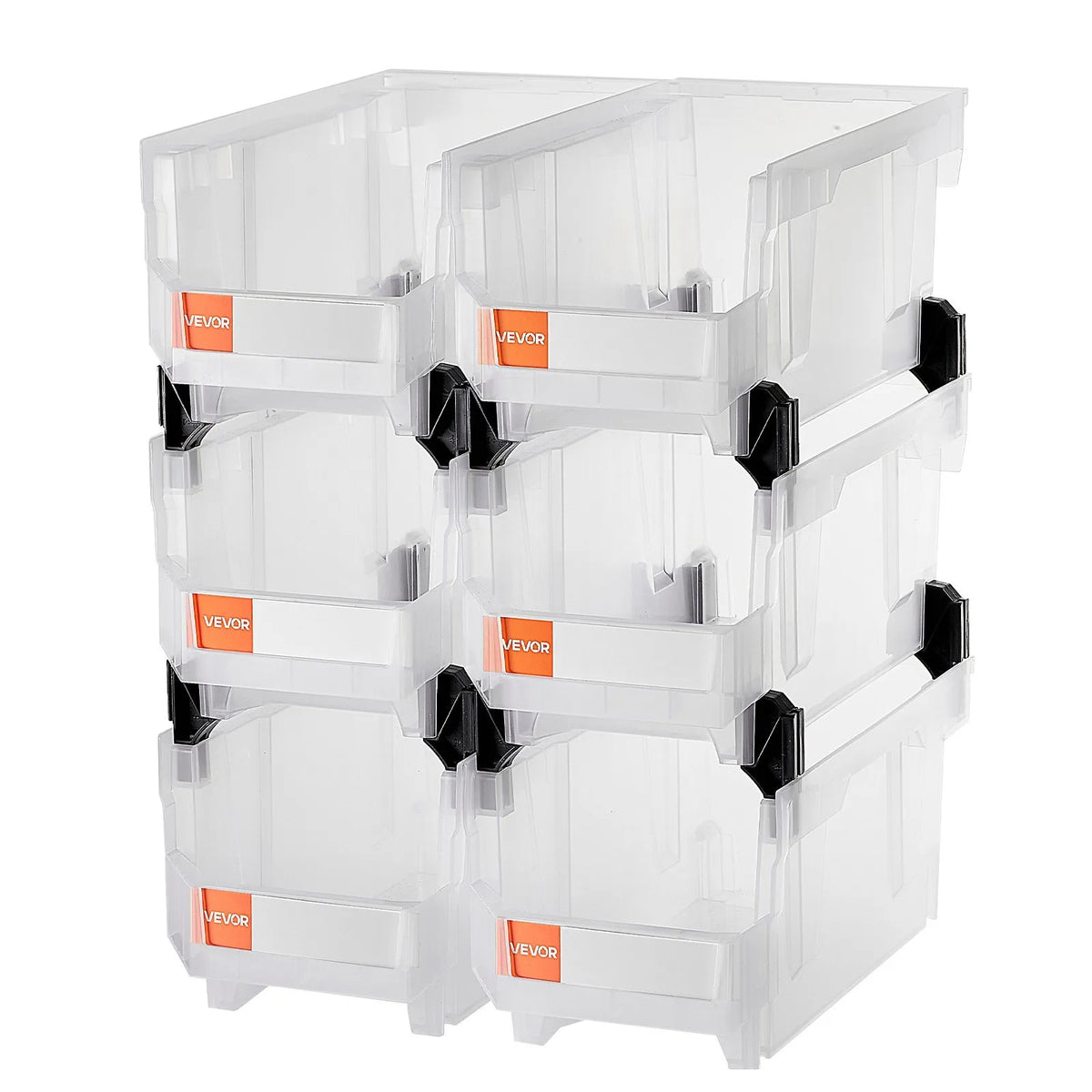 VEVOR sakraujamas plastmasas uzglabāšanas kastes 377 x 215 x 180 mm, konteineri skapim, garāžai, sīkām detaļām, biroja piederumiem un citiem aksesuāriem, 6 gab., caurspīdīgas