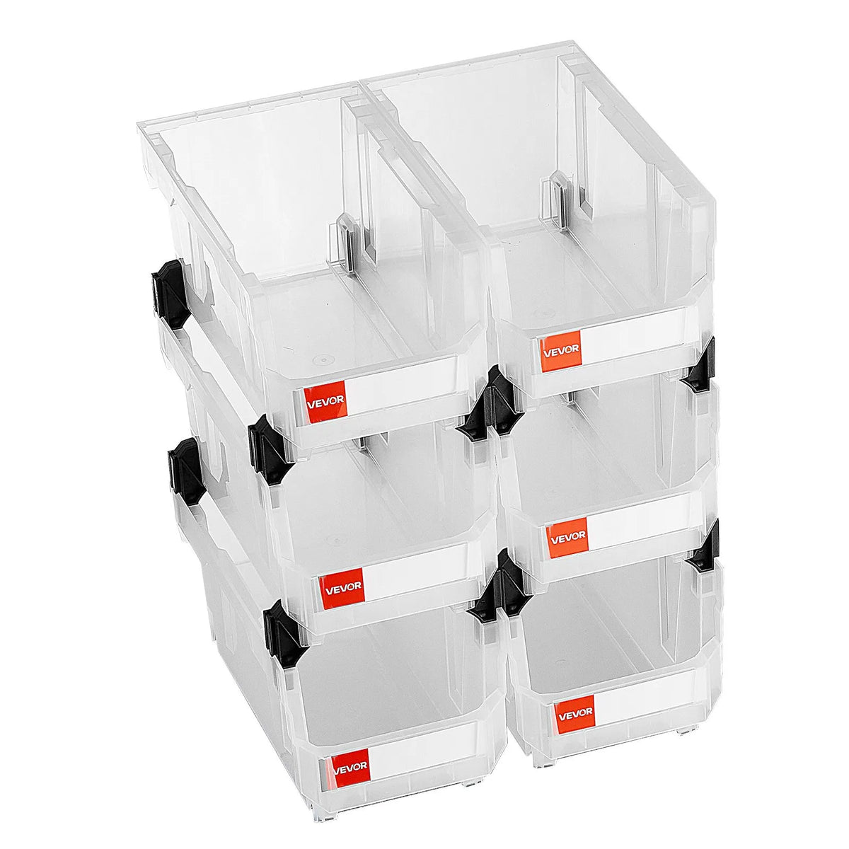 VEVOR sakraujamas plastmasas uzglabāšanas kastes 377 x 215 x 180 mm, konteineri skapim, garāžai, sīkām detaļām, biroja piederumiem un citiem aksesuāriem, 6 gab., caurspīdīgas