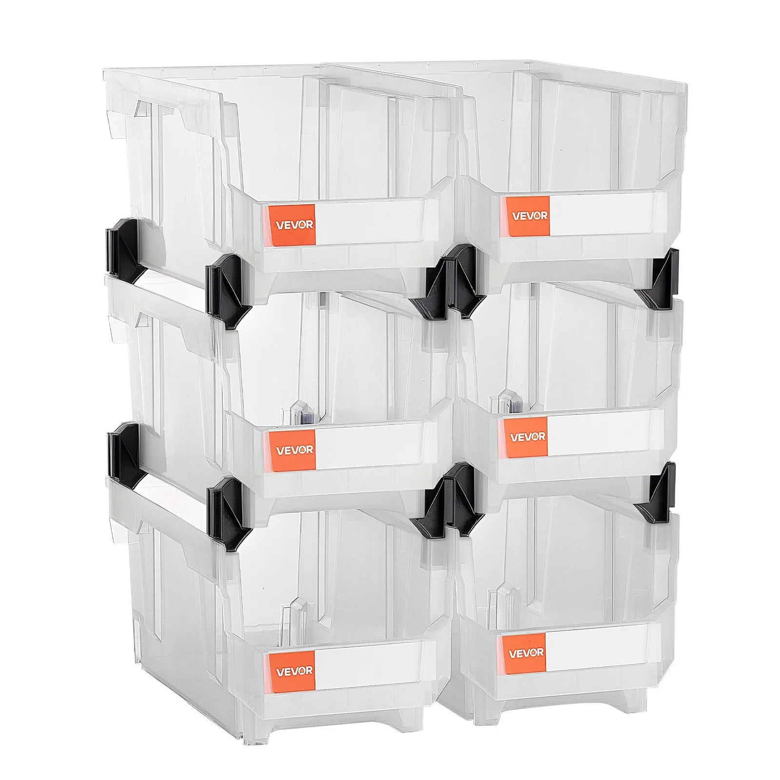 VEVOR sakraujamas plastmasas uzglabāšanas kastes 377 x 215 x 180 mm, konteineri skapim, garāžai, sīkām detaļām, biroja piederumiem un citiem aksesuāriem, 6 gab., caurspīdīgas