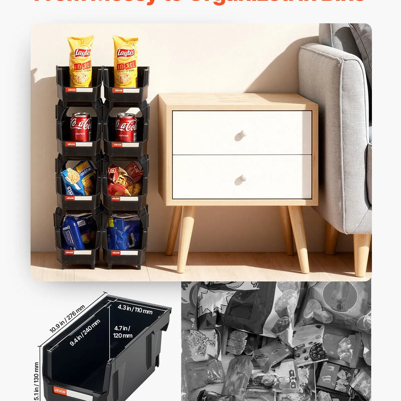 VEVOR sakraujamas plastmasas uzglabāšanas kastes 276 x 140 x 130 mm, konteineri skapim, garāžai, sīkām detaļām, biroja piederumiem un citiem aksesuāriem, 8 gab., melnas