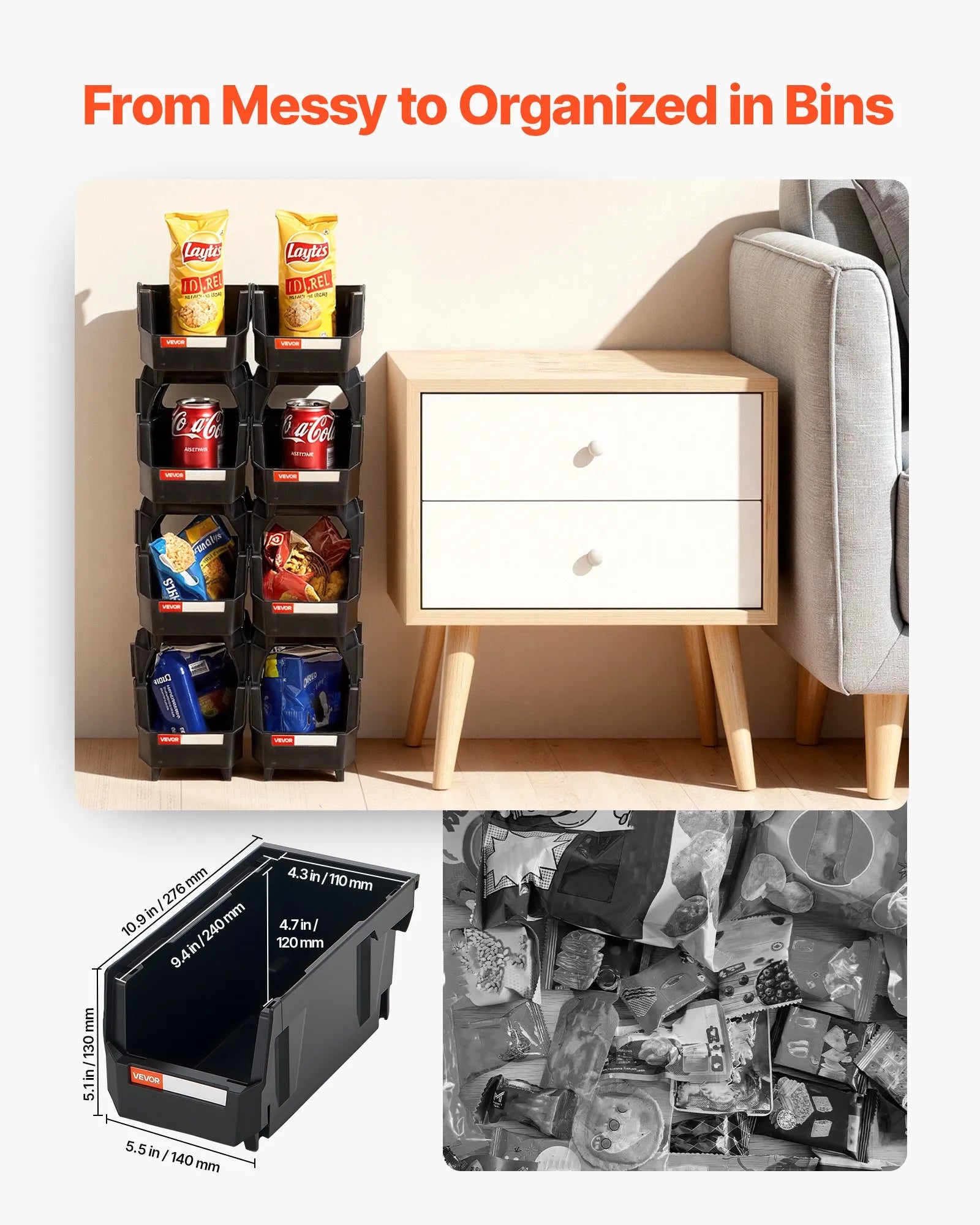 VEVOR sakraujamas plastmasas uzglabāšanas kastes 276 x 140 x 130 mm, konteineri skapim, garāžai, sīkām detaļām, biroja piederumiem un citiem aksesuāriem, 8 gab., melnas