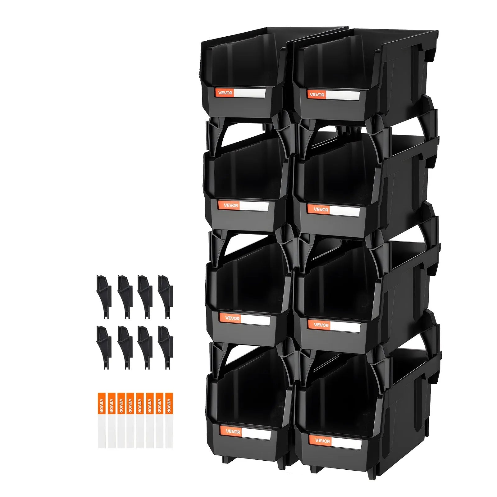 VEVOR sakraujamas plastmasas uzglabāšanas kastes 276 x 140 x 130 mm, konteineri skapim, garāžai, sīkām detaļām, biroja piederumiem un citiem aksesuāriem, 8 gab., melnas