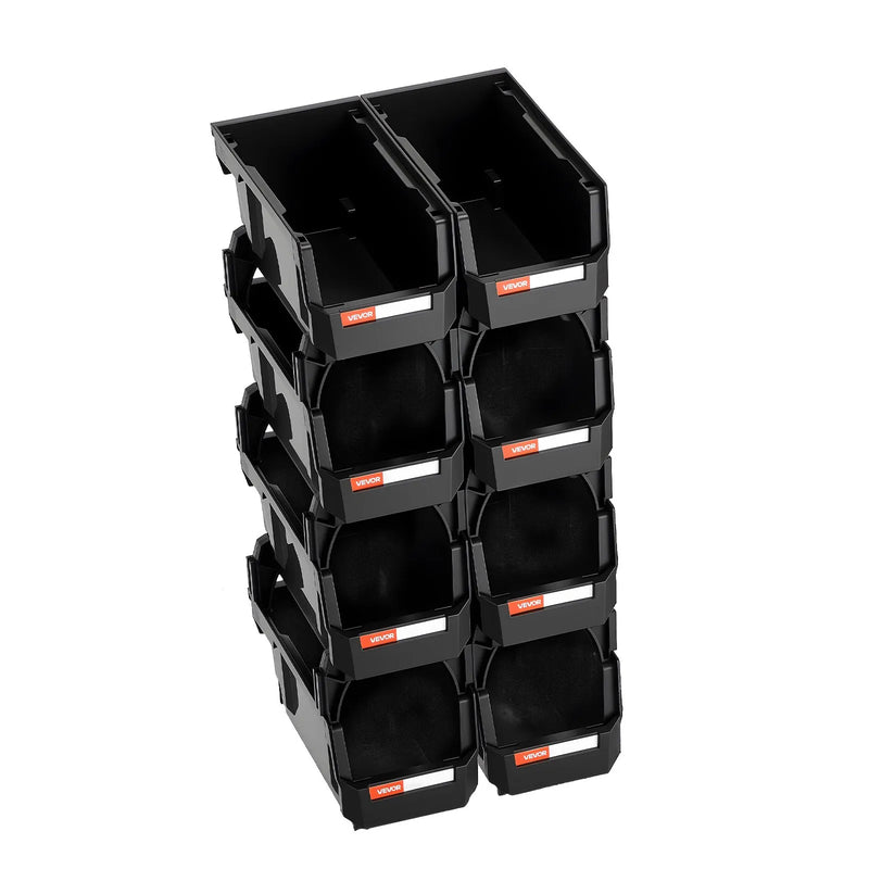 VEVOR sakraujamas plastmasas uzglabāšanas kastes 276 x 140 x 130 mm, konteineri skapim, garāžai, sīkām detaļām, biroja piederumiem un citiem aksesuāriem, 8 gab., melnas