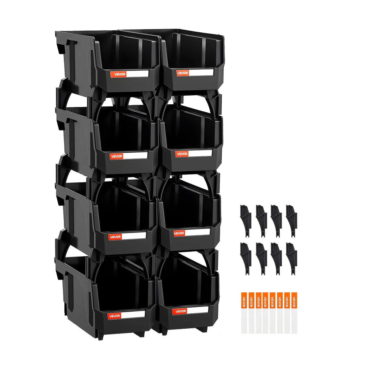 VEVOR sakraujamas plastmasas uzglabāšanas kastes 276 x 140 x 130 mm, konteineri skapim, garāžai, sīkām detaļām, biroja piederumiem un citiem aksesuāriem, 8 gab., melnas