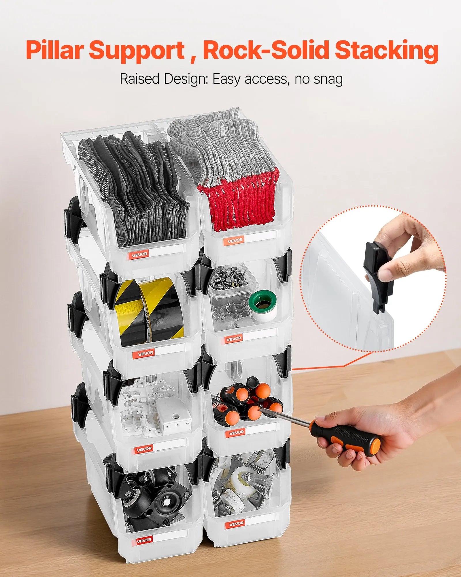 VEVOR sakraujamas plastmasas uzglabāšanas kastes 276 x 140 x 130 mm, konteineri skapim, garāžai, sīkām detaļām, biroja piederumiem un citiem aksesuāriem, 8 gab., caurspīdīgas