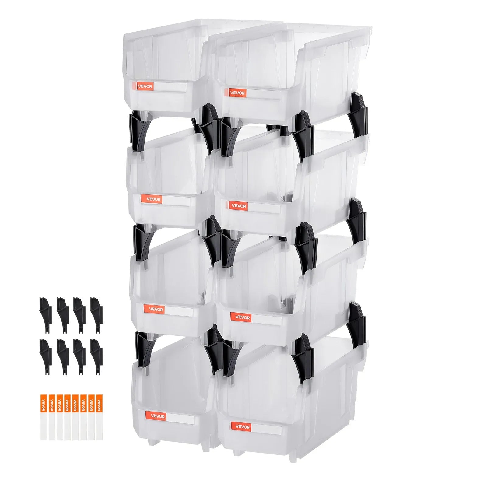 VEVOR sakraujamas plastmasas uzglabāšanas kastes 276 x 140 x 130 mm, konteineri skapim, garāžai, sīkām detaļām, biroja piederumiem un citiem aksesuāriem, 8 gab., caurspīdīgas