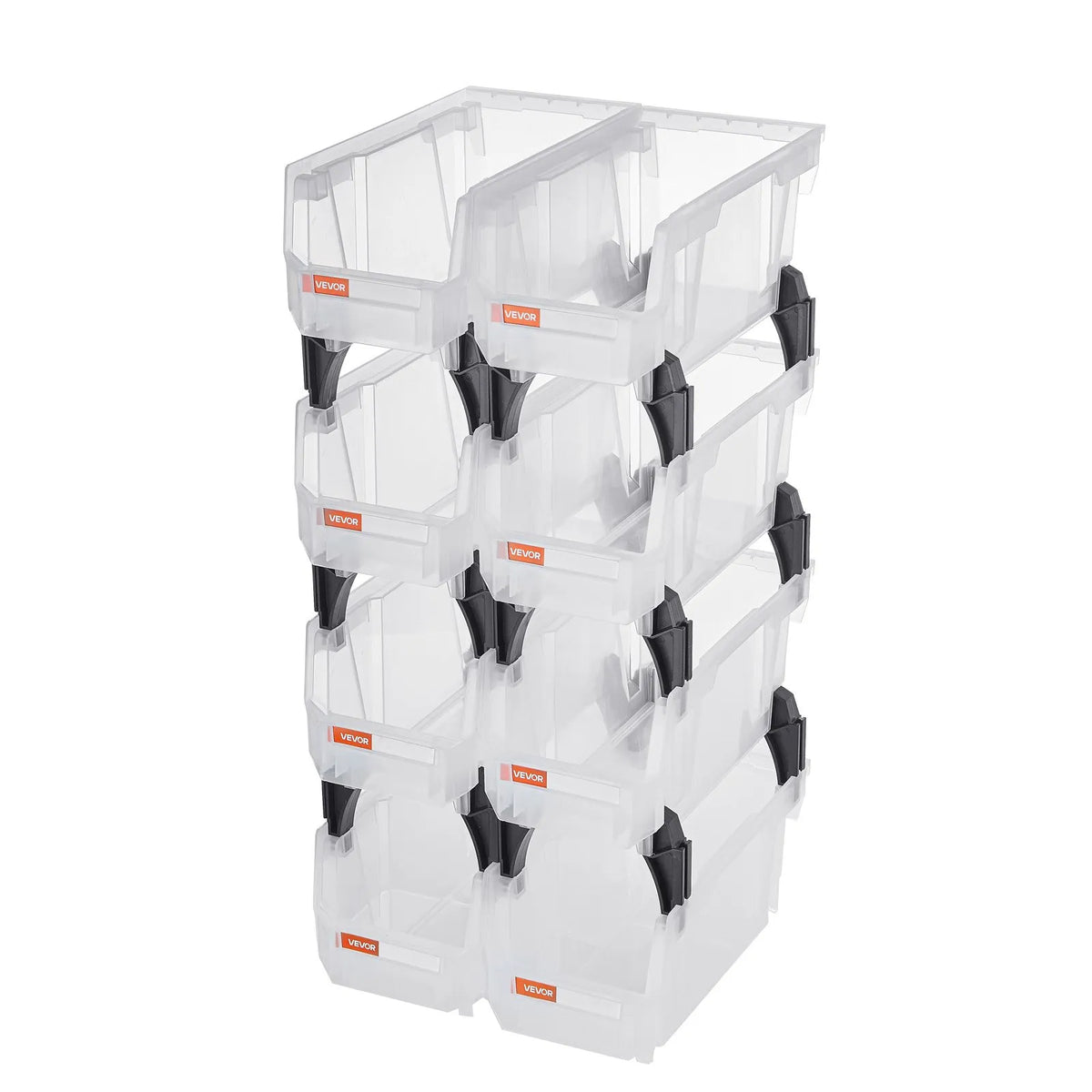 VEVOR sakraujamas plastmasas uzglabāšanas kastes 276 x 140 x 130 mm, konteineri skapim, garāžai, sīkām detaļām, biroja piederumiem un citiem aksesuāriem, 8 gab., caurspīdīgas