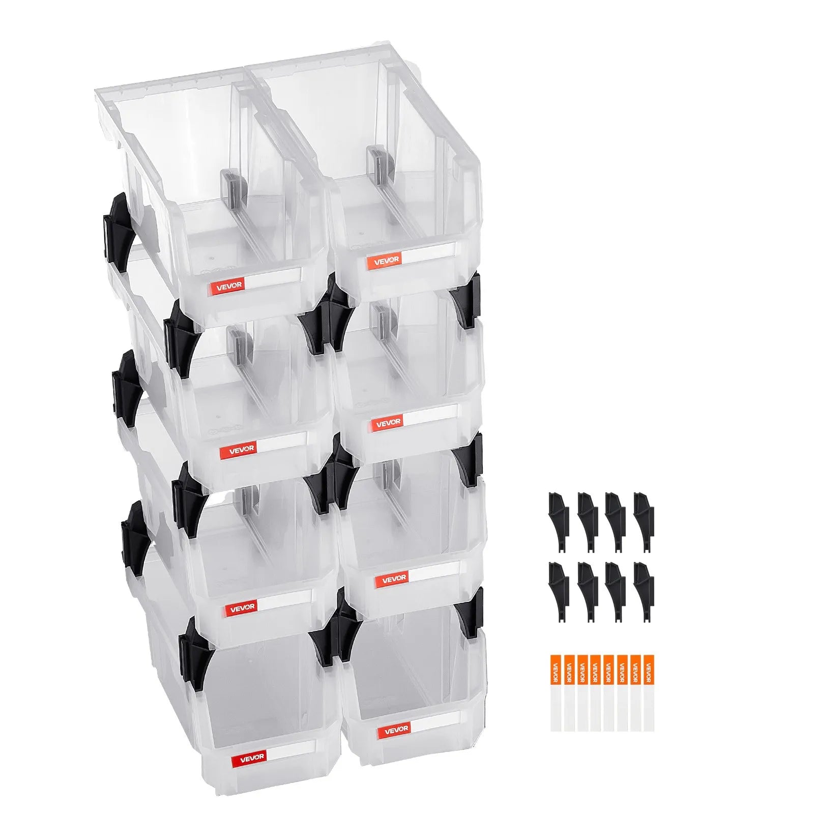 VEVOR sakraujamas plastmasas uzglabāšanas kastes 276 x 140 x 130 mm, konteineri skapim, garāžai, sīkām detaļām, biroja piederumiem un citiem aksesuāriem, 8 gab., caurspīdīgas