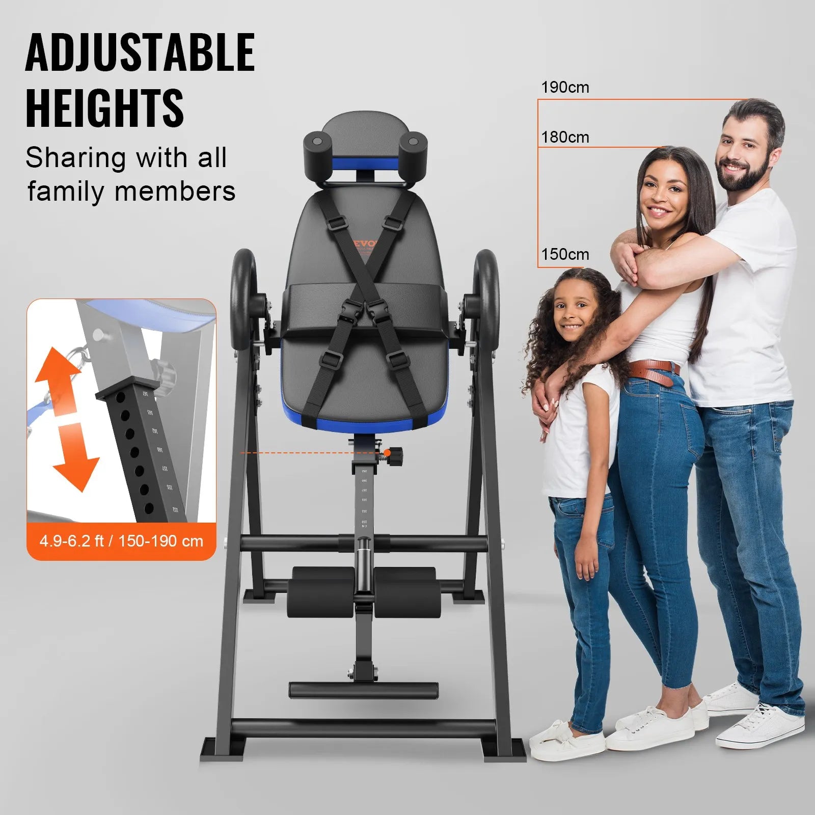 VEVOR inversijas galds, 136 kg nestspēja, smagas konstrukcijas muguras stiepšanas un dekompresijas trenažieris ar galvas balstu, potīšu fiksāciju un regulējamu drošības jostu, zils/melns