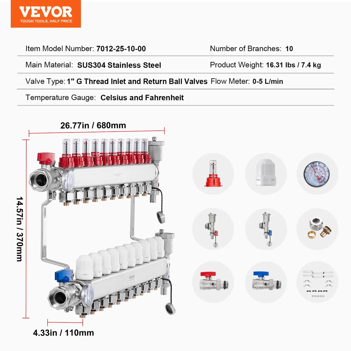 VEVOR 10 zaru starojuma apkures kolektors, 1,27 cm PEX cauruļu grīdas apkures kolektora komplekts