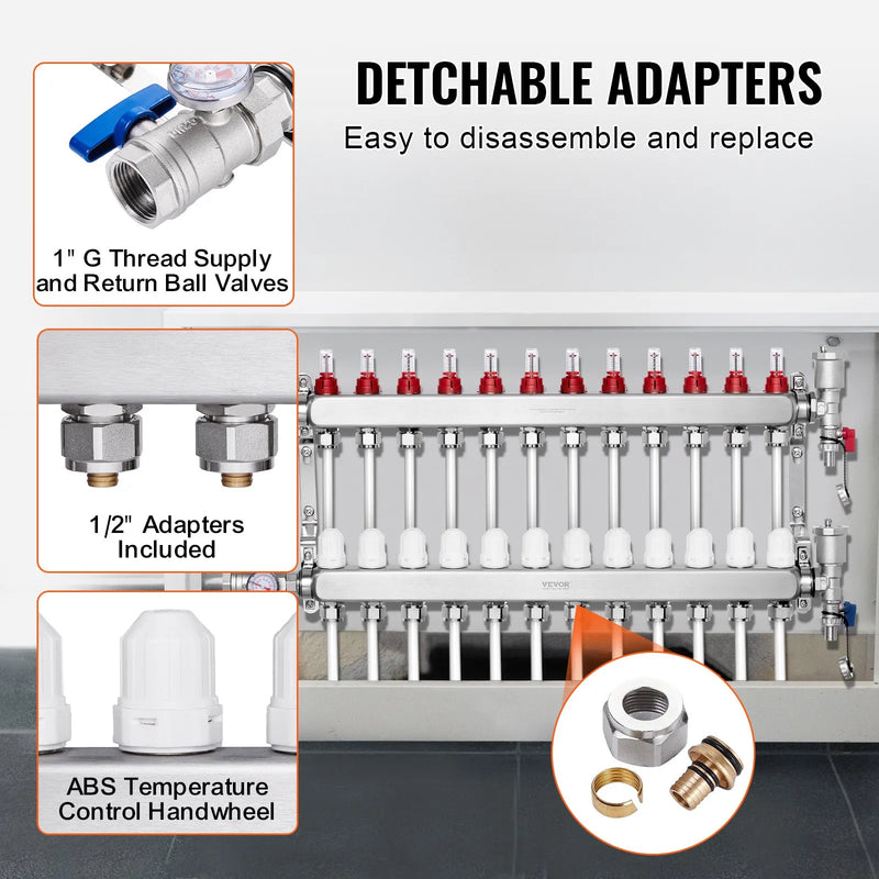 VEVOR 12 zaru starojuma apkures kolektors, 12,7 mm PEX cauruļu kolektors no nerūsējošā tērauda hidrauliskajai grīdas apkurei, PEX kolektora komplekts ar 12,7 mm adapteriem