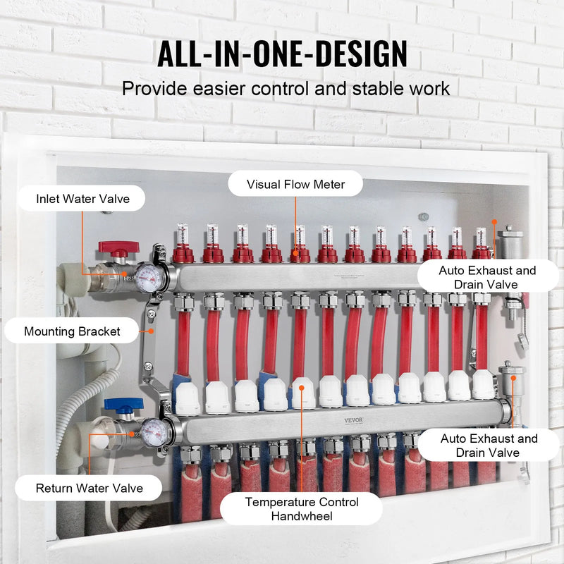 VEVOR 12 zaru starojuma apkures kolektors, 12,7 mm PEX cauruļu kolektors no nerūsējošā tērauda hidrauliskajai grīdas apkurei, PEX kolektora komplekts ar 12,7 mm adapteriem