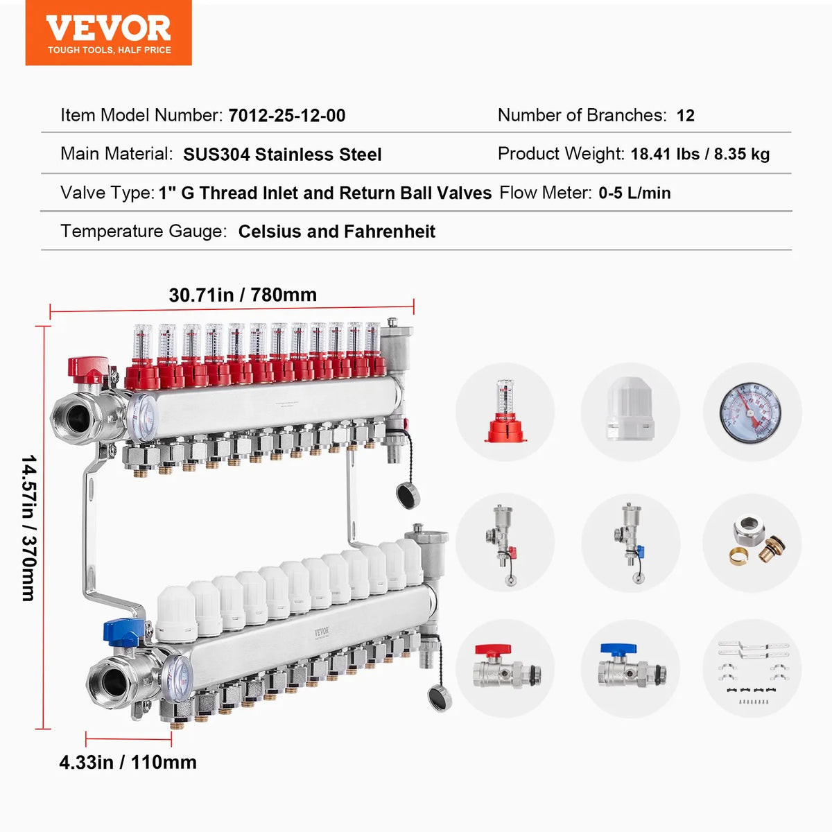 VEVOR 12 zaru starojuma apkures kolektors, 12,7 mm PEX cauruļu kolektors no nerūsējošā tērauda hidrauliskajai grīdas apkurei, PEX kolektora komplekts ar 12,7 mm adapteriem