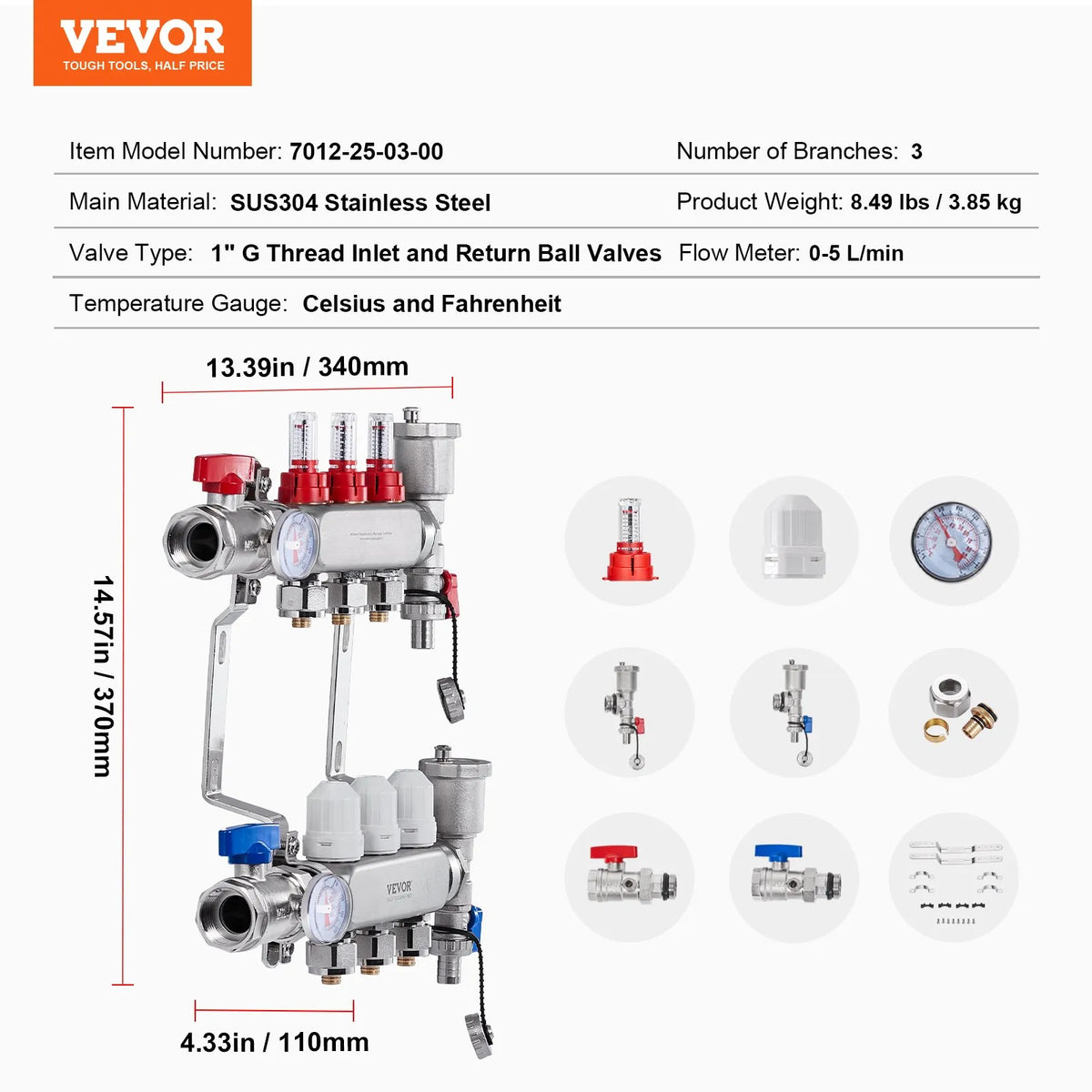 VEVOR 3 zaru starojuma apkures kolektors, 12,7 mm PEX cauruļu kolektors no nerūsējošā tērauda hidrauliskajai grīdas apkurei, PEX kolektora komplekts ar 12,7 mm adapteriem