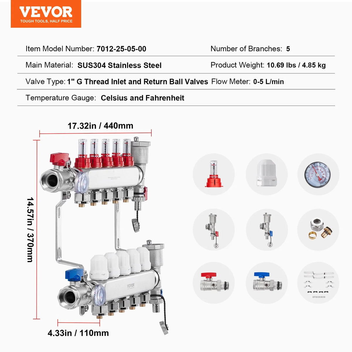 VEVOR 5 zaru starojuma apkures kolektors, 12,7 mm PEX cauruļu kolektors no nerūsējošā tērauda hidrauliskajai grīdas apkurei, PEX kolektora komplekts ar 12,7 mm adapteriem
