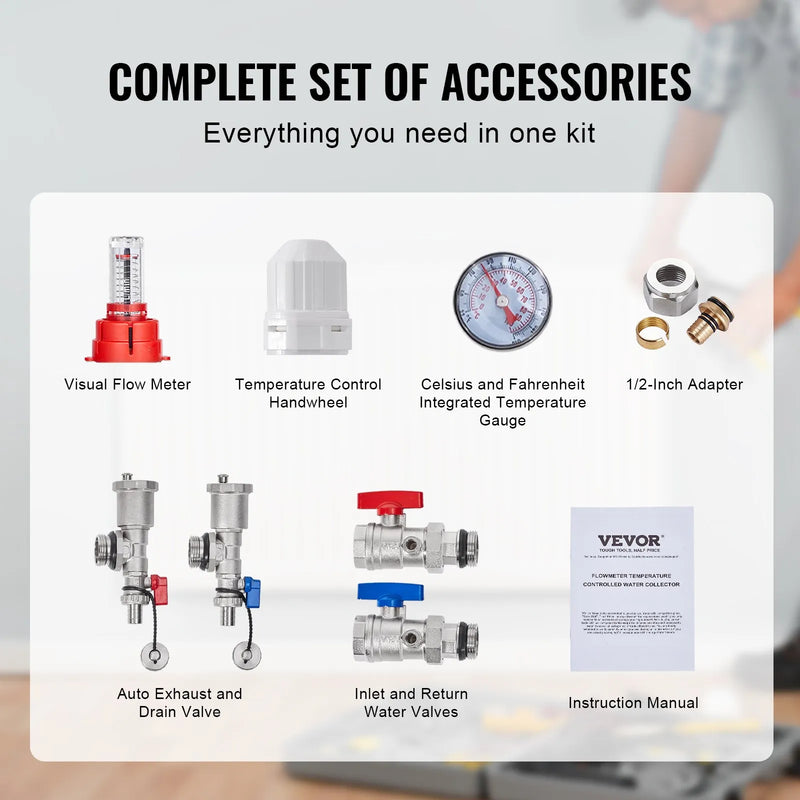 VEVOR 6 zaru starojuma apkures kolektors, 12,7 mm PEX cauruļu kolektors no nerūsējošā tērauda hidrauliskajai grīdas apkurei, PEX kolektora komplekts ar 12,7 mm adapteriem