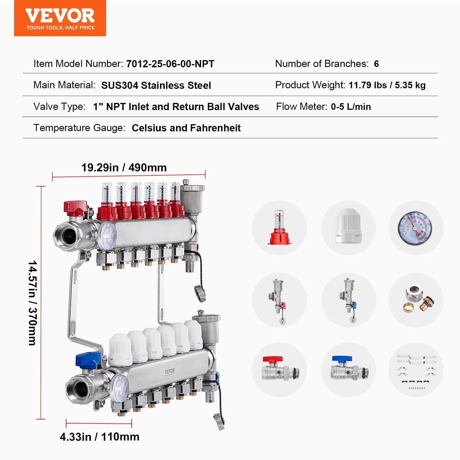 VEVOR 6 zaru starojuma apkures kolektors, 12,7 mm PEX cauruļu kolektors no nerūsējošā tērauda hidrauliskajai grīdas apkurei, PEX kolektora komplekts ar 12,7 mm adapteriem