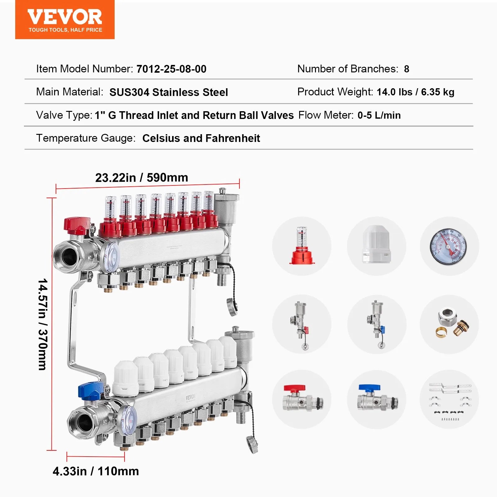 VEVOR 8 zaru starojuma apkures kolektors, 12,7 mm PEX cauruļu kolektors no nerūsējošā tērauda hidrauliskajai grīdas apkurei, PEX kolektora komplekts ar 12,7 mm adapteriem