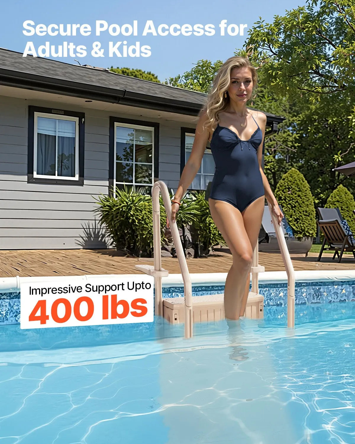 VEVOR baseina kāpnes ar 4 pakāpieniem un dubultām margām, smagas slodzes neslīdoši pakāpieni, maksimālā slodze 181 kg, piemērotas 122–137 cm iebūvētiem un virszemes baseiniem ar jebkura veida segumu, taupe krāsa