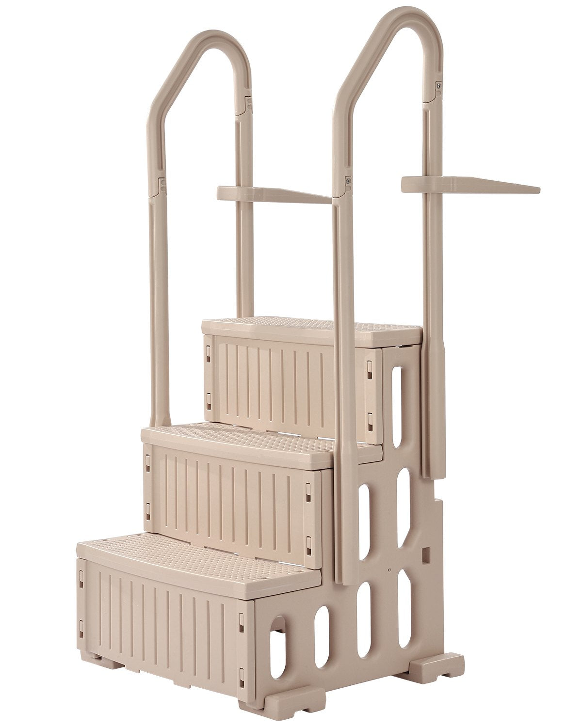VEVOR baseina kāpnes ar 3 pakāpieniem un dubultām margām, pastiprināti neslīdoši pakāpieni, maksimālā slodze 181 kg, piemērotas 91–122 cm dziļiem iebūvētiem un virszemes baseiniem ar jebkura veida klāja segumu, taupe krāsa