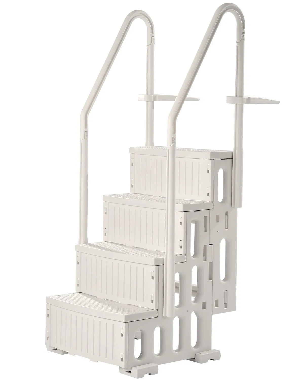VEVOR baseina kāpnes ar 4 pakāpieniem un dubultām margām, pastiprināti neslīdoši pakāpieni, maksimālā slodze 181,4 kg, piemērotas 122–137 cm dziļiem iebūvētiem un virszemes baseiniem ar jebkura veida klāja segumu, pienbalta krāsa