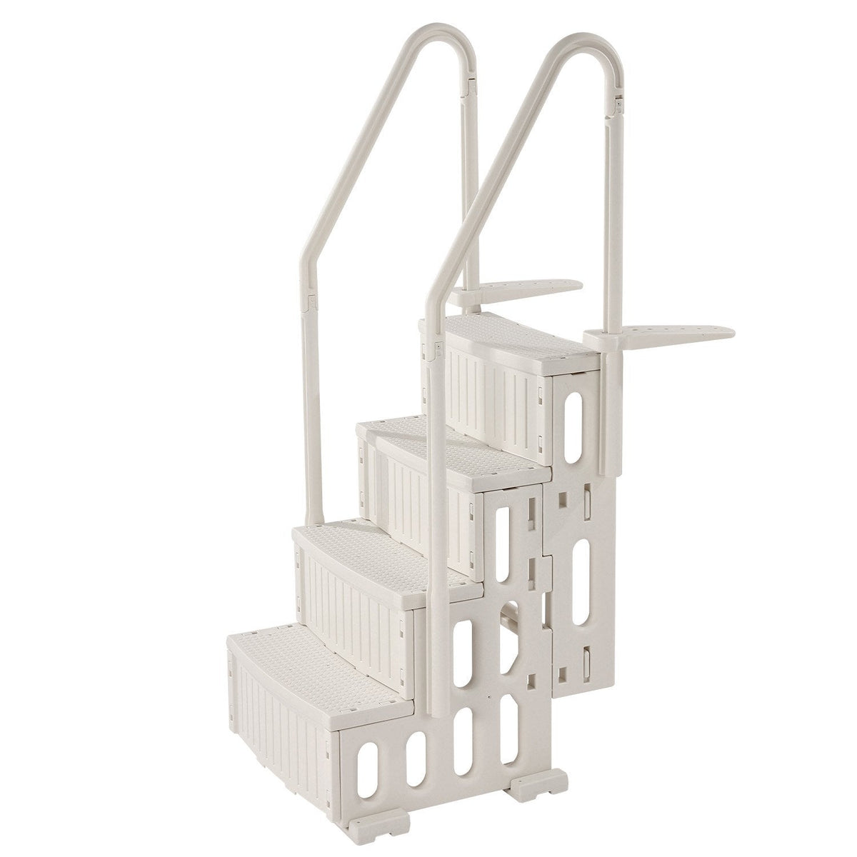 VEVOR baseina kāpnes ar 4 pakāpieniem un dubultām margām, pastiprināti neslīdoši pakāpieni, maksimālā slodze 181,4 kg, piemērotas 122–137 cm dziļiem iebūvētiem un virszemes baseiniem ar jebkura veida klāja segumu, pienbalta krāsa