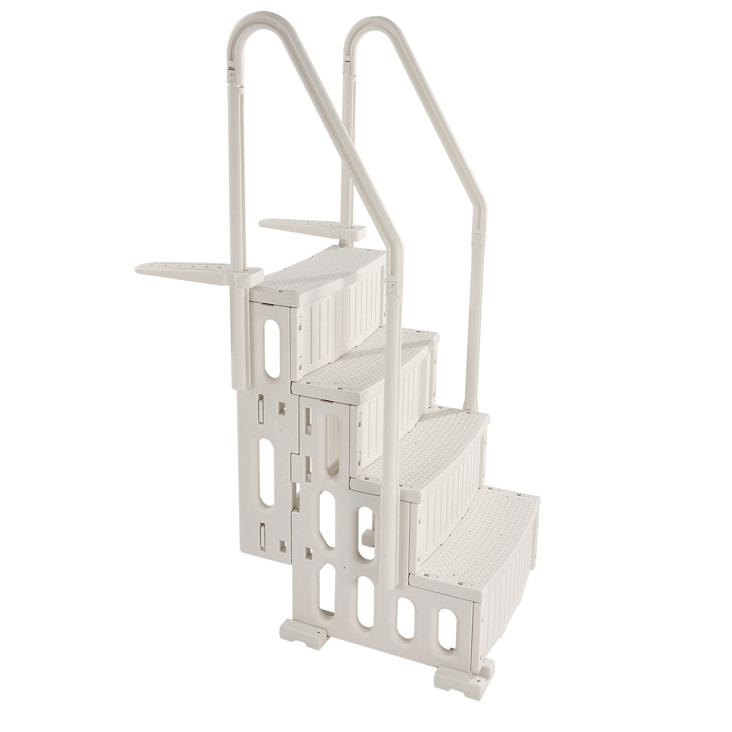 VEVOR baseina kāpnes ar 4 pakāpieniem un dubultām margām, pastiprināti neslīdoši pakāpieni, maksimālā slodze 181,4 kg, piemērotas 122–137 cm dziļiem iebūvētiem un virszemes baseiniem ar jebkura veida klāja segumu, pienbalta krāsa