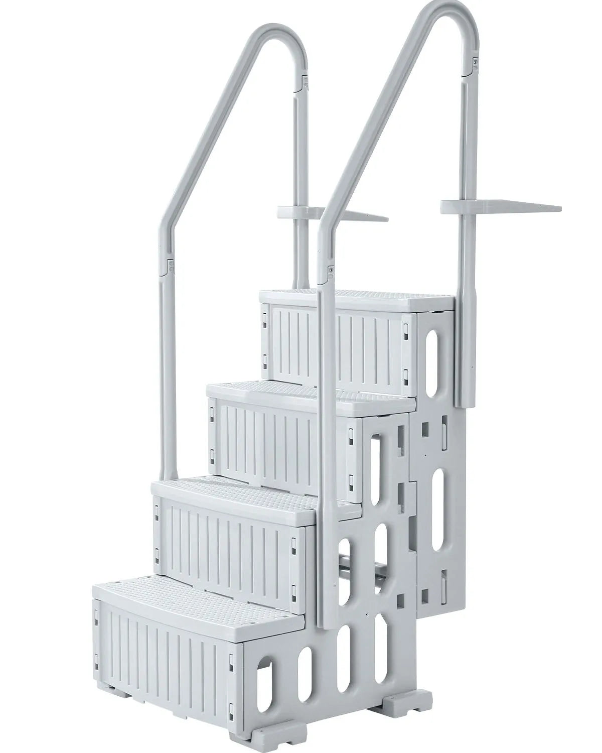 VEVOR baseina kāpnes ar 4 pakāpieniem un dubultām margām, pastiprināti neslīdoši pakāpieni, maksimālā slodze 181 kg, piemērotas 122–137 cm dziļiem iebūvētiem un virszemes baseiniem ar jebkura veida klāja segumu, pelēkā krāsā