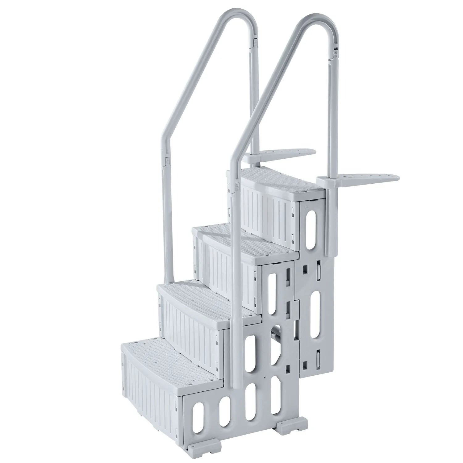 VEVOR baseina kāpnes ar 4 pakāpieniem un dubultām margām, pastiprināti neslīdoši pakāpieni, maksimālā slodze 181 kg, piemērotas 122–137 cm dziļiem iebūvētiem un virszemes baseiniem ar jebkura veida klāja segumu, pelēkā krāsā