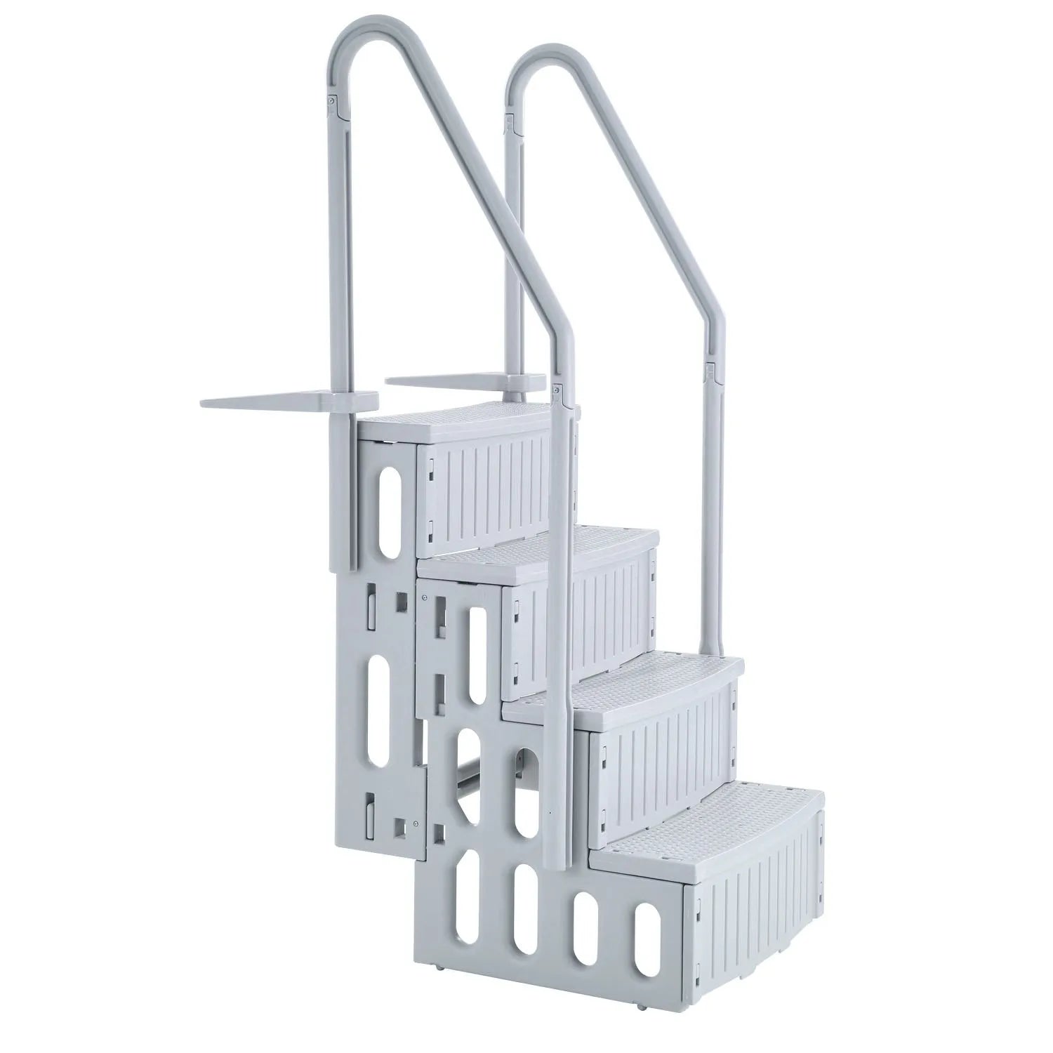 VEVOR baseina kāpnes ar 4 pakāpieniem un dubultām margām, pastiprināti neslīdoši pakāpieni, maksimālā slodze 181 kg, piemērotas 122–137 cm dziļiem iebūvētiem un virszemes baseiniem ar jebkura veida klāja segumu, pelēkā krāsā