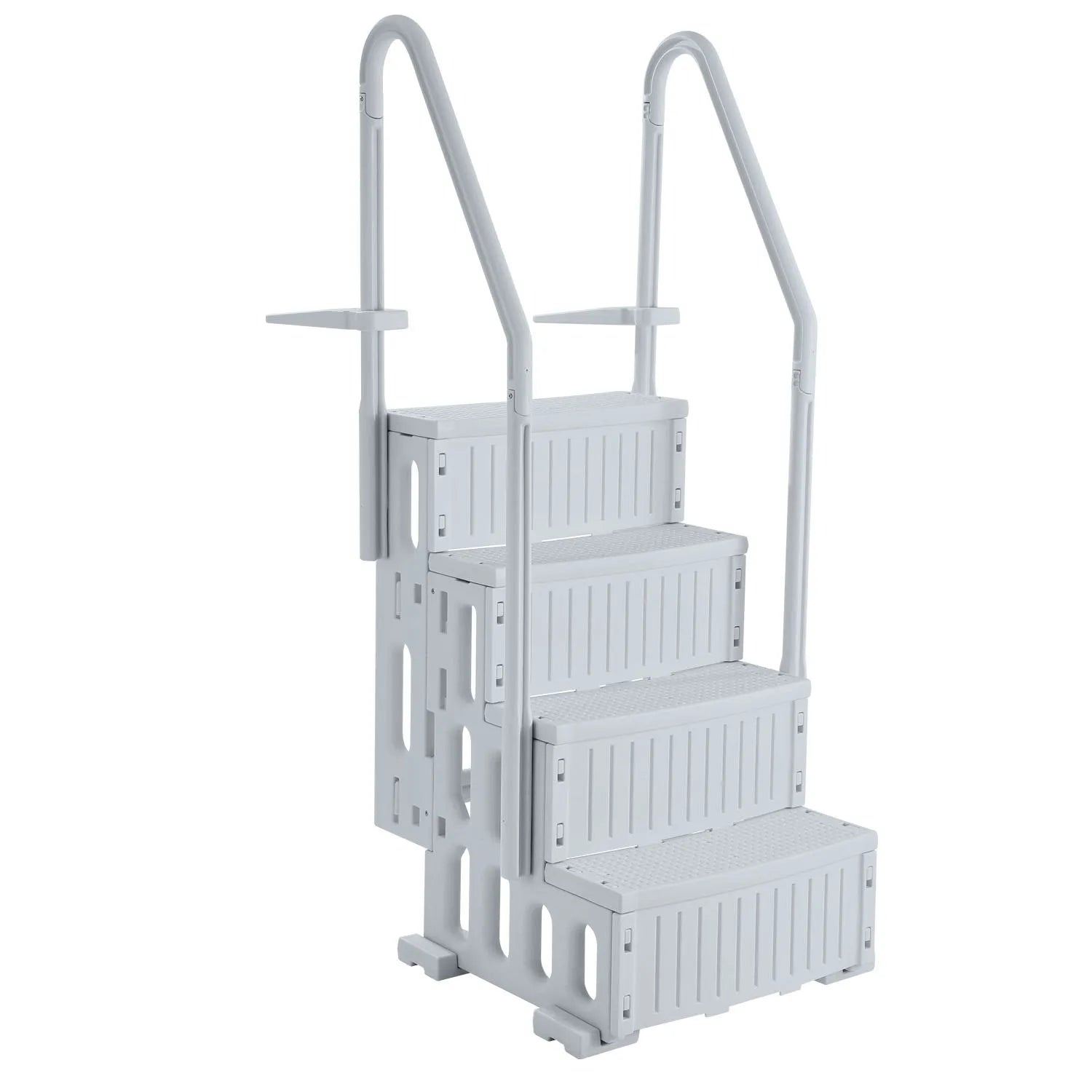 VEVOR baseina kāpnes ar 4 pakāpieniem un dubultām margām, pastiprināti neslīdoši pakāpieni, maksimālā slodze 181 kg, piemērotas 122–137 cm dziļiem iebūvētiem un virszemes baseiniem ar jebkura veida klāja segumu, pelēkā krāsā