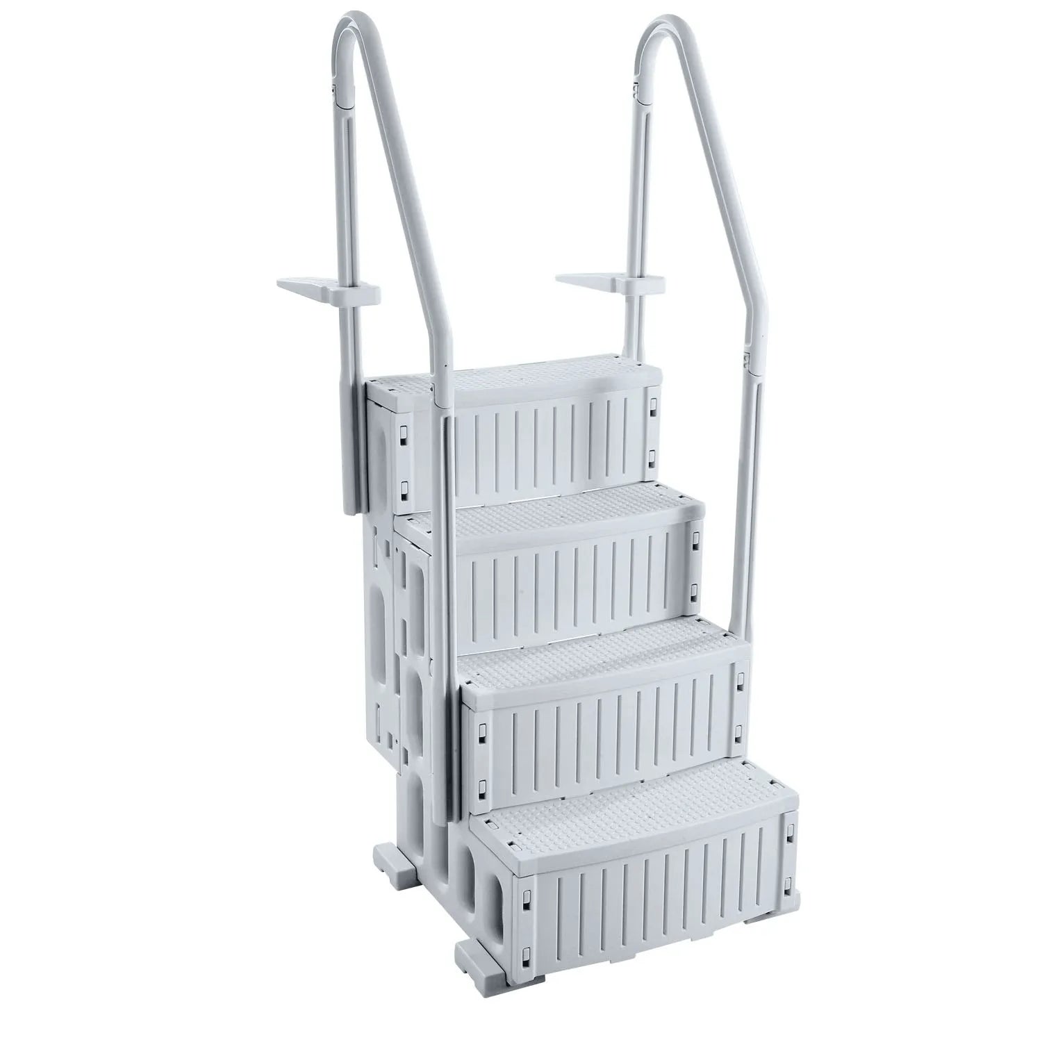 VEVOR baseina kāpnes ar 4 pakāpieniem un dubultām margām, pastiprināti neslīdoši pakāpieni, maksimālā slodze 181 kg, piemērotas 122–137 cm dziļiem iebūvētiem un virszemes baseiniem ar jebkura veida klāja segumu, pelēkā krāsā