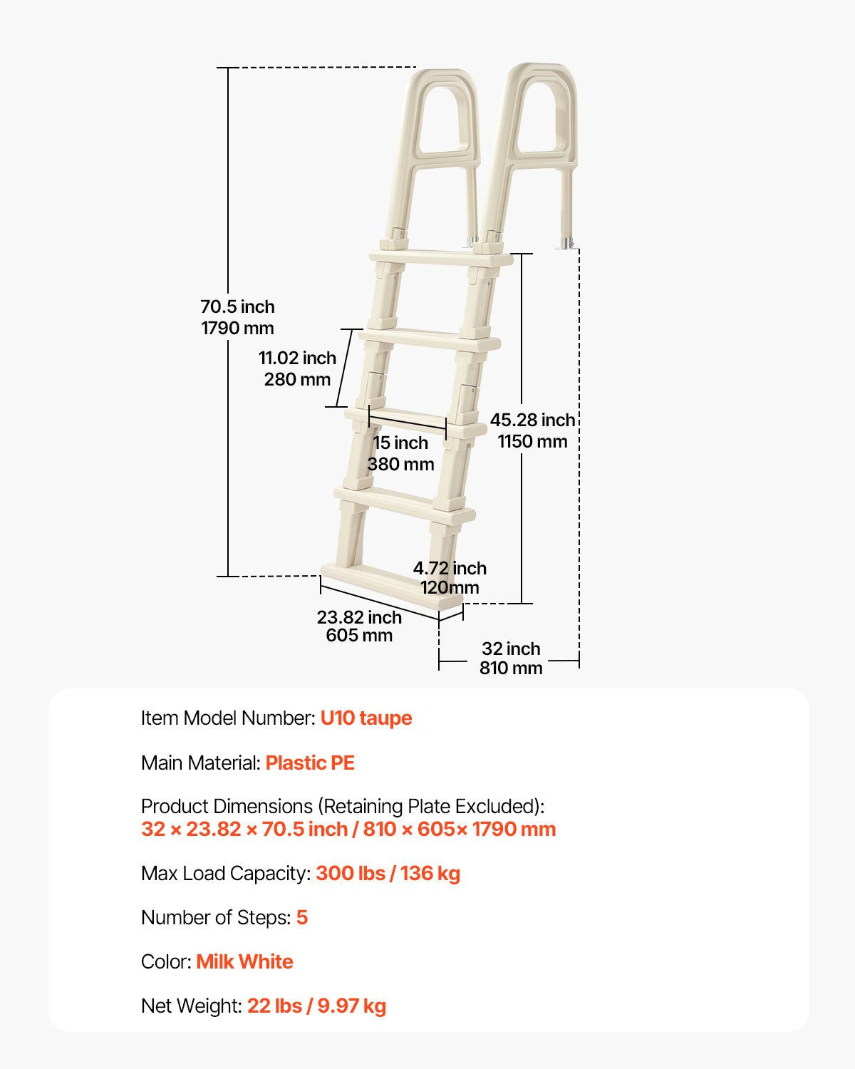 VEVOR baseina kāpnes ar 75° slīpumu, 5 pakāpieni un dubultas margas, pastiprināti neslīdoši pakāpieni, maksimālā slodze 136 kg, piemērotas 122–137 cm dziļiem iebūvētiem un virszemes baseiniem ar jebkura veida klāja segumu lietošanai iekštelpās un ārā