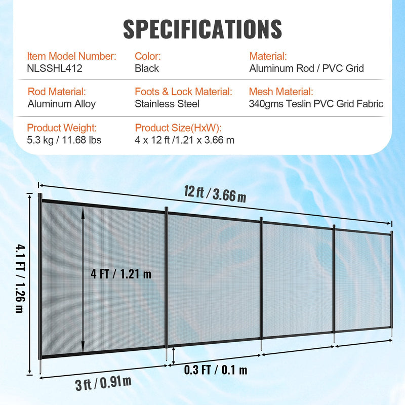 VEVOR baseina žogs 1,2 × 3,7 m, noņemams bērnu drošības žogs iebūvētiem baseiniem, viegli uzstādāms DIY peldbaseina žogs, 340 g/m² Teslin PVC sieta materiāls bērnu un mājdzīvnieku aizsardzībai