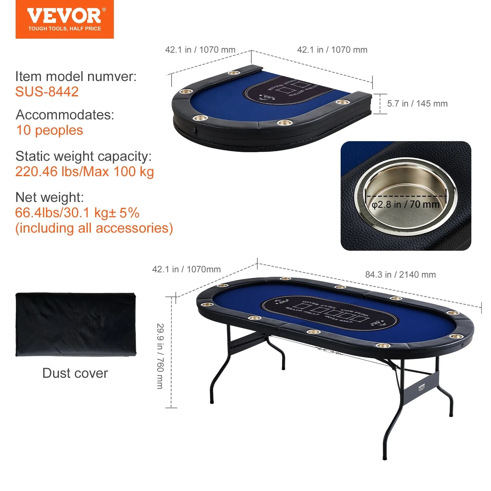 VEVOR salokāms pokera galds 10 spēlētājiem, 2133,6 mm ovāls kazino tipa galds Blackjack un Texas Hold’em ar polsterētām malām un nerūsējošā tērauda glāžu turētājiem, pārnēsājams kāršu spēļu galds