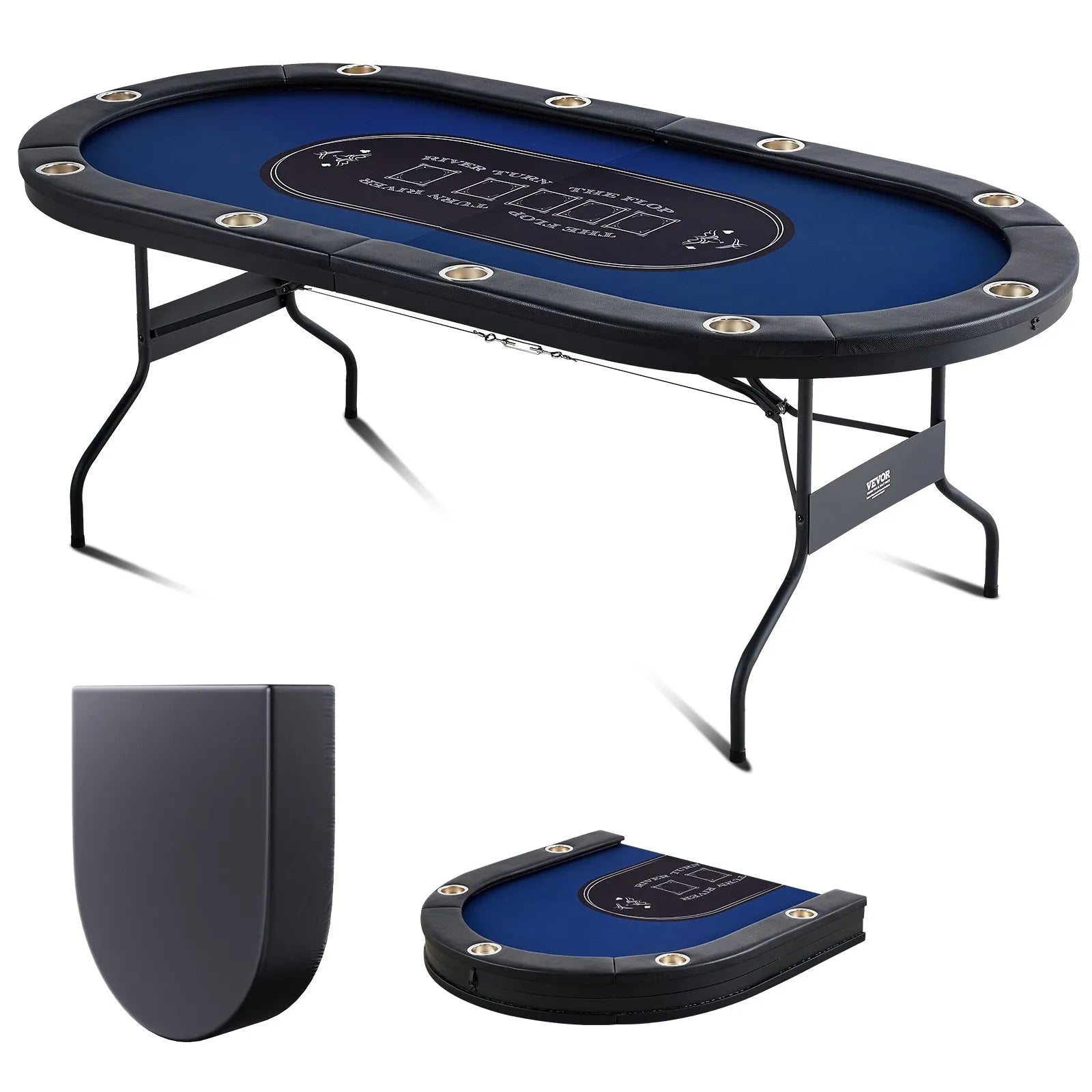 VEVOR salokāms pokera galds 10 spēlētājiem, 2133,6 mm ovāls kazino tipa galds Blackjack un Texas Hold’em ar polsterētām malām un nerūsējošā tērauda glāžu turētājiem, pārnēsājams kāršu spēļu galds