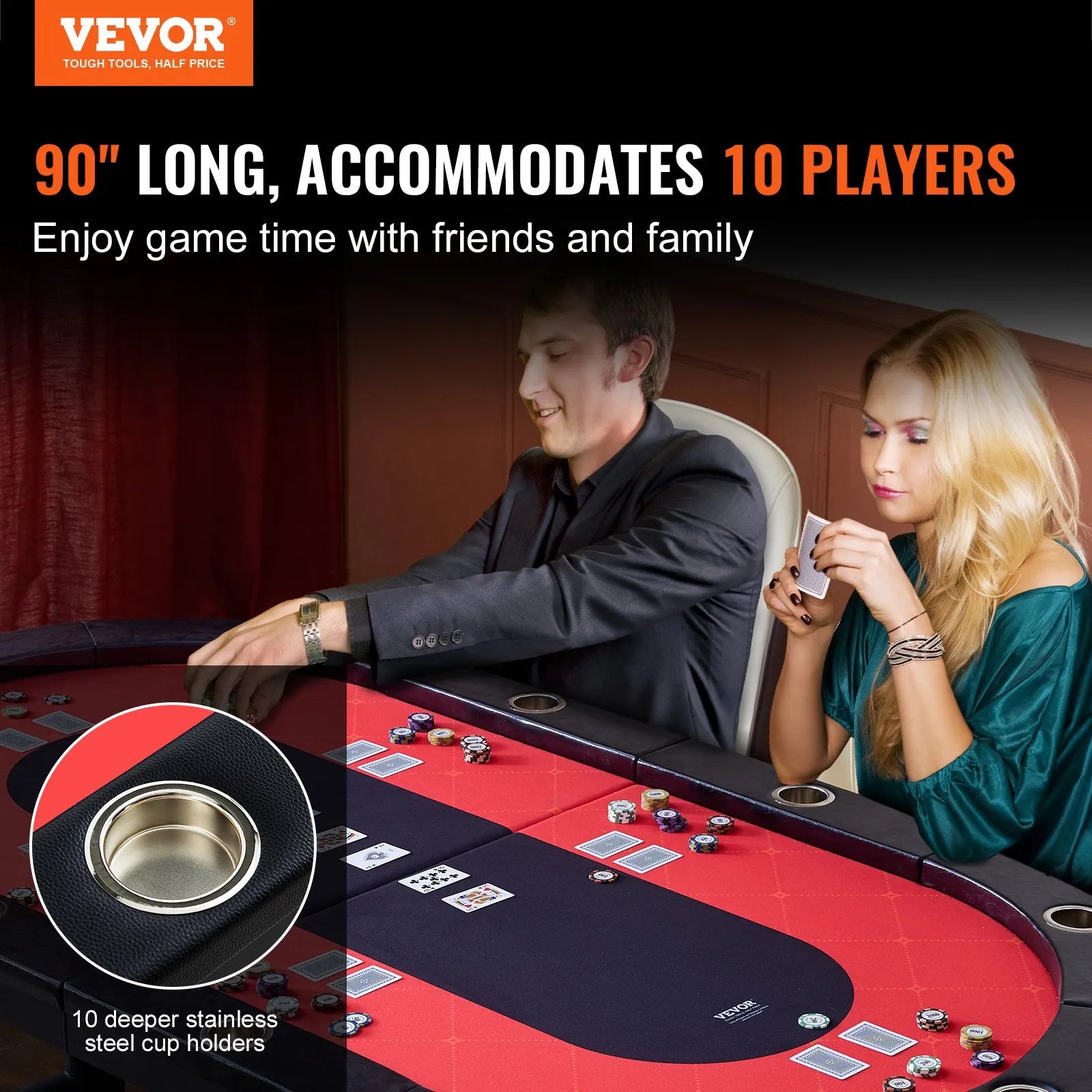 VEVOR salokāms pokera galds 10 spēlētājiem, 2286 mm ovāls kazino tipa galds Blackjack un Texas Hold’em ar polsterētām malām un nerūsējošā tērauda glāžu turētājiem, pārnēsājams kāršu spēļu galds